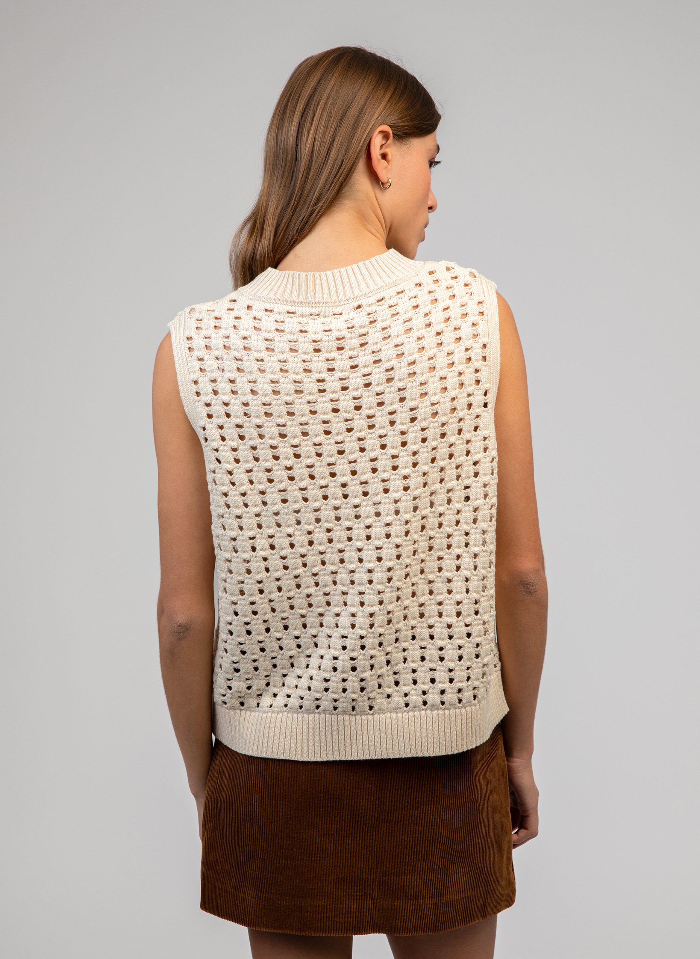 Round neck sleeveless openwork sweater AN'GE Beige