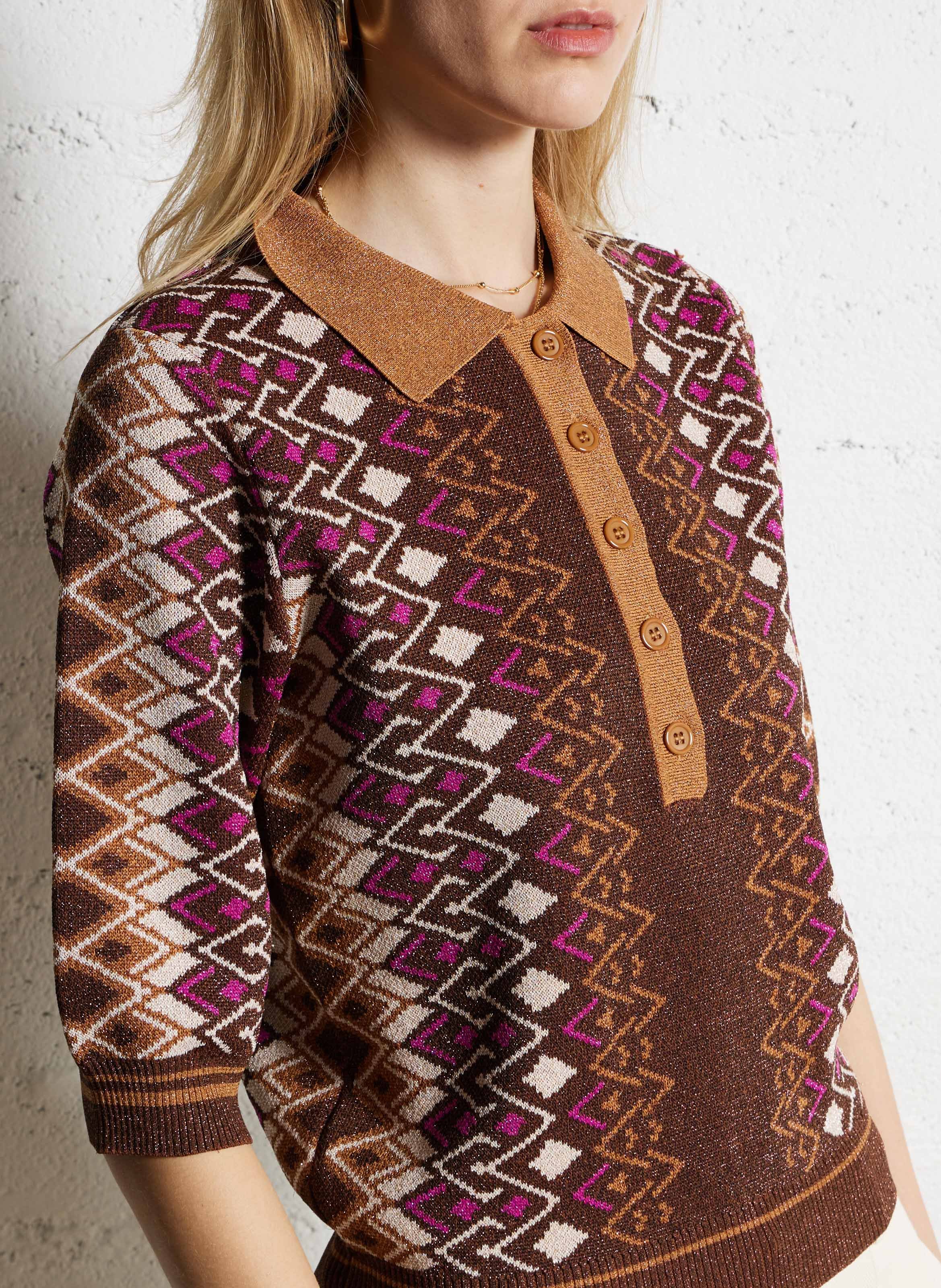 Pull col polo imprimé à paillettes SUNCOO Marron