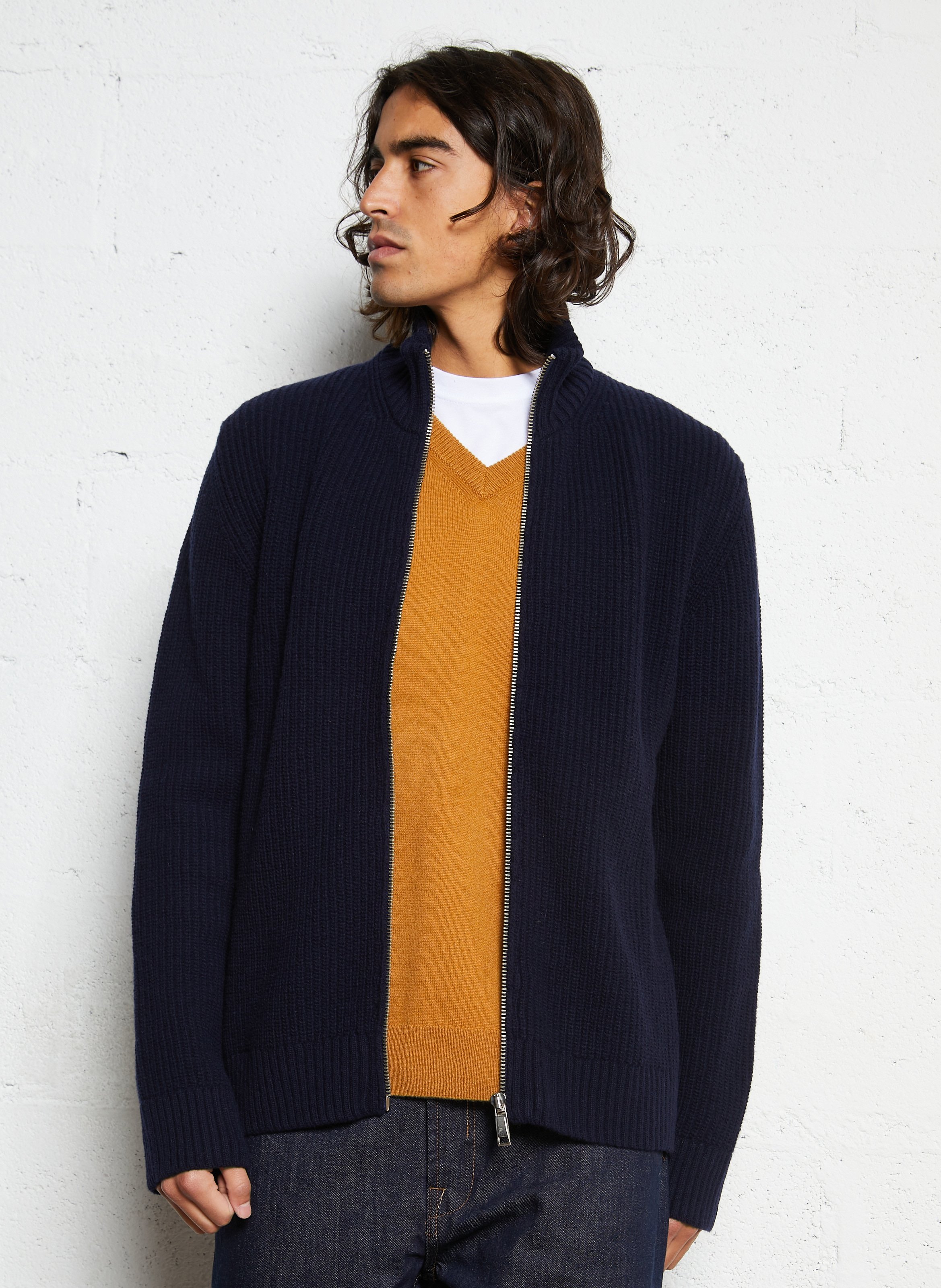 Zip-up cardigan in solid ribbed knit AU PRINTEMPS PARIS Blue