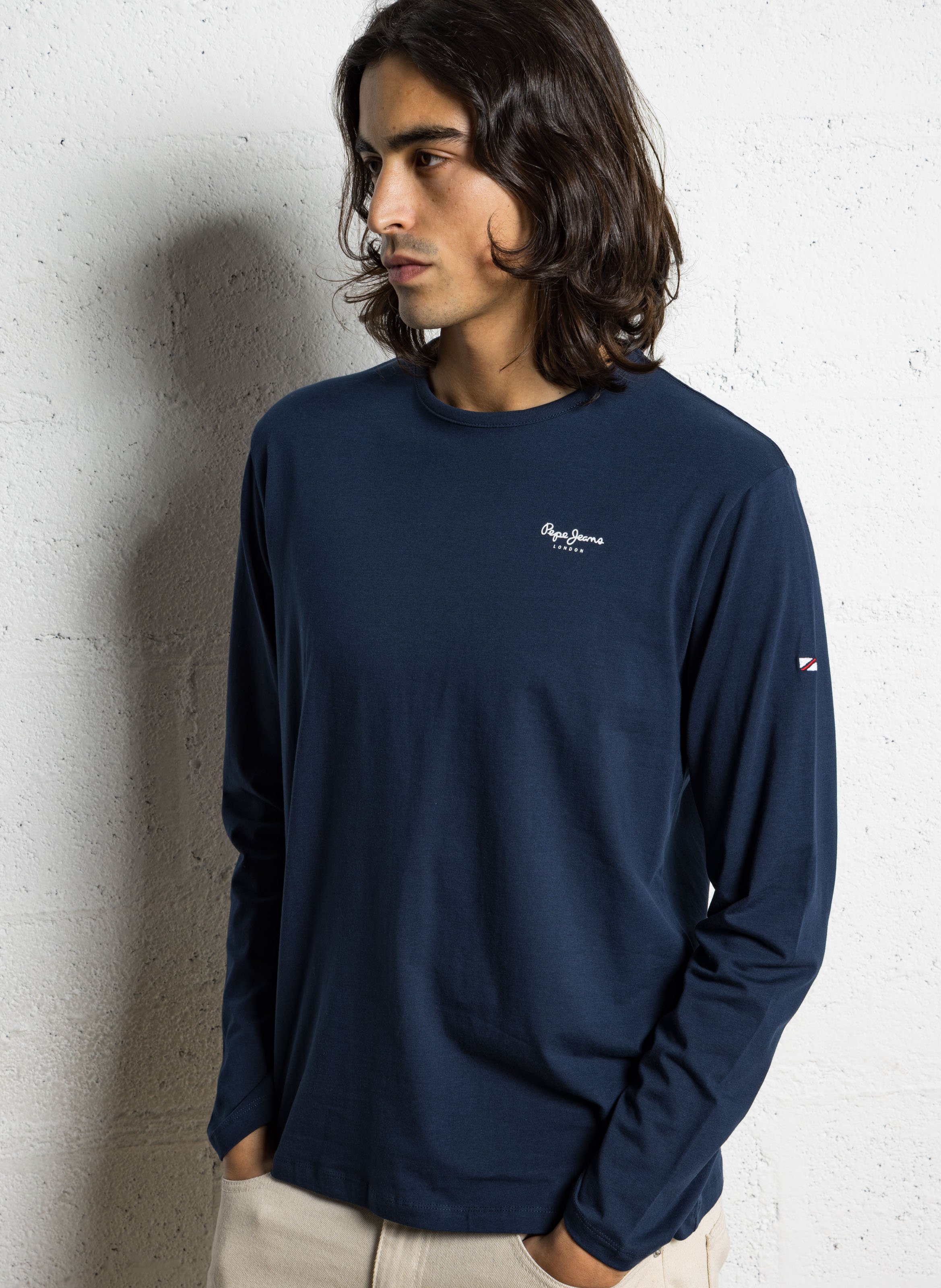 Round-neck stretch cotton T-shirt with screen print PEPE JEANS Blue