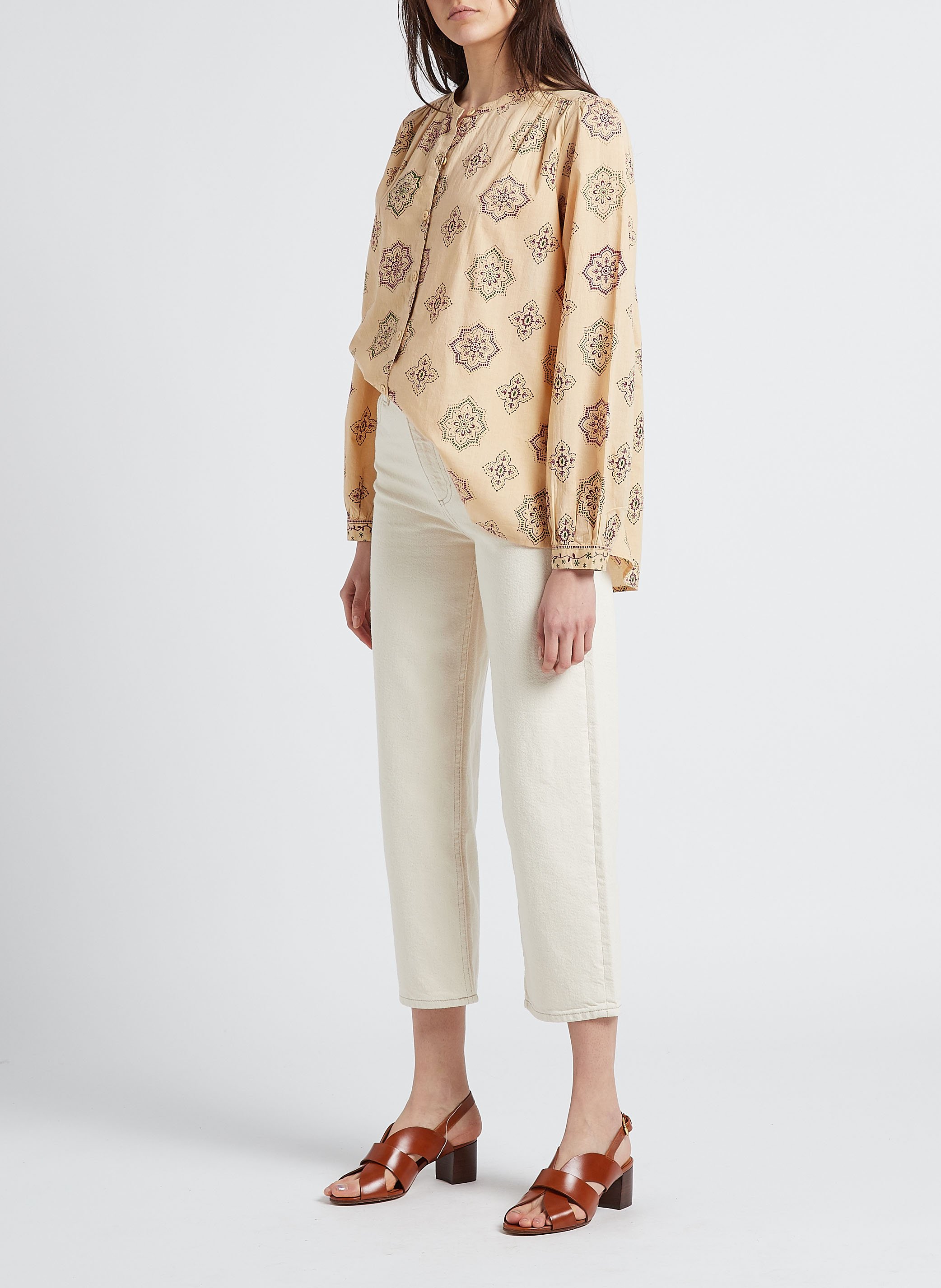 Bedruckte Baumwollbluse mit Rundhalskragen SWILDENS Beige