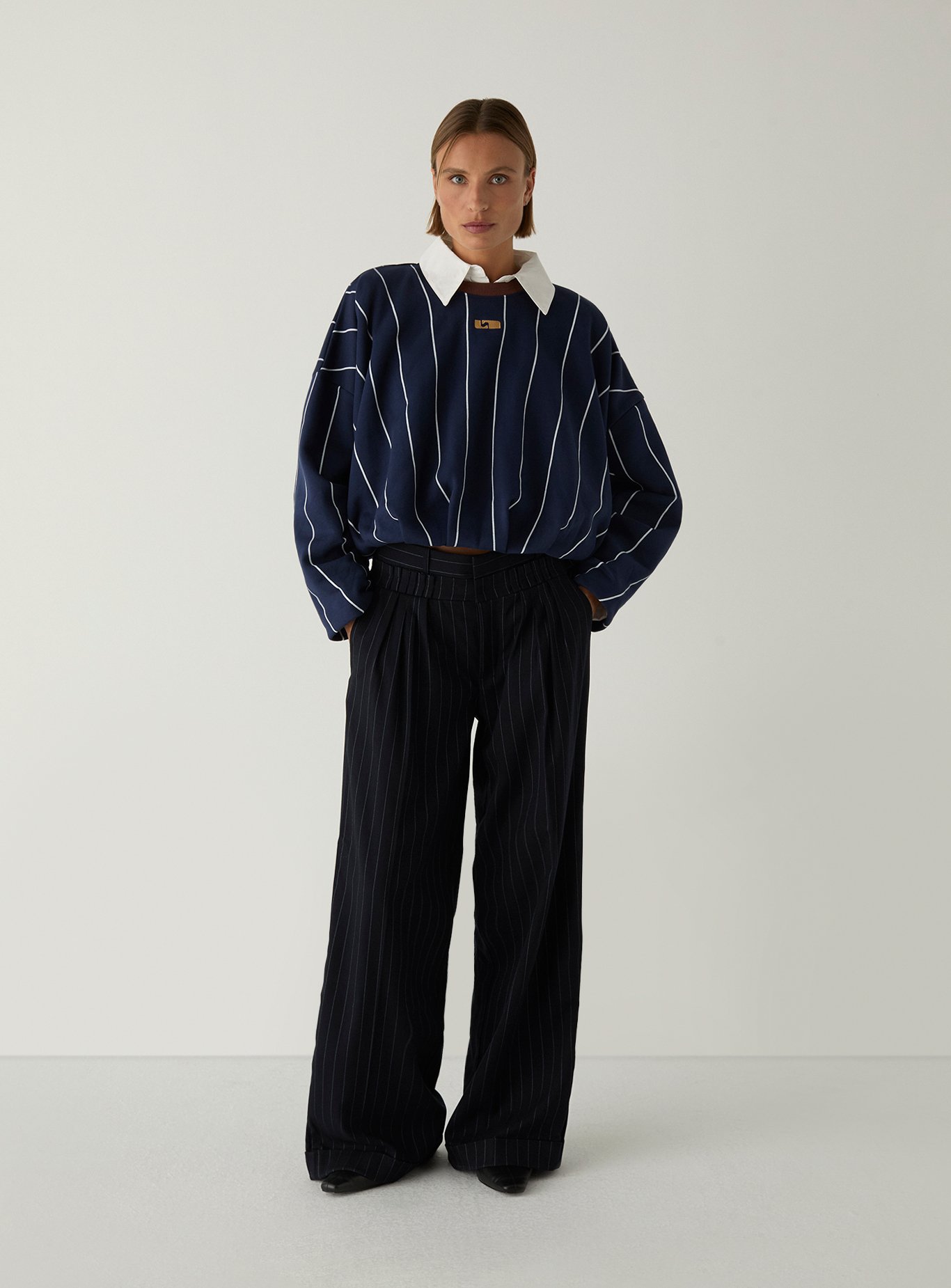 Oversize cotton-blend round-neck striped sweater LAAGAM Blue