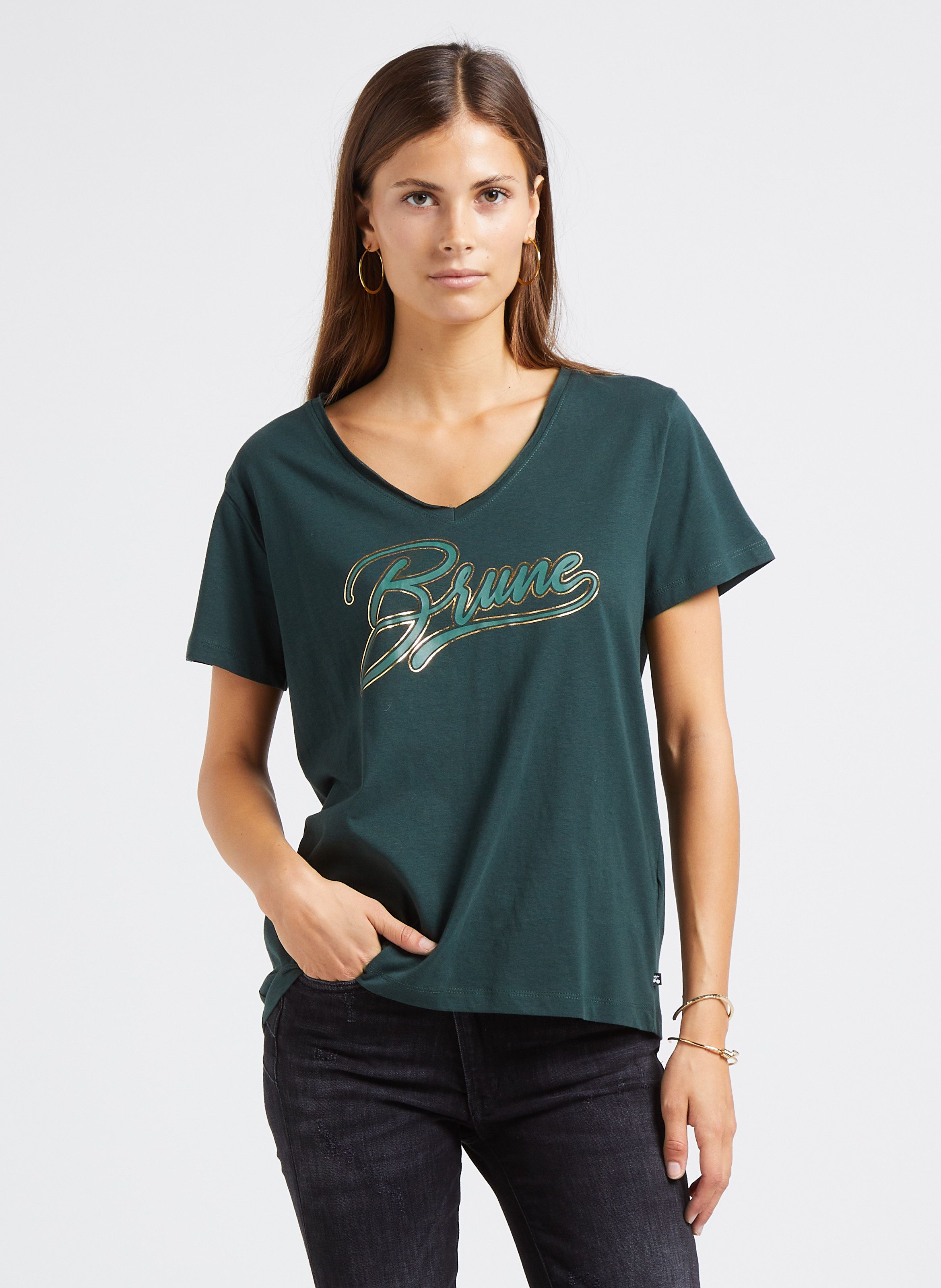 Tee shirt Col V S rigraphi En Coton Sink Green Bottle Le Temps