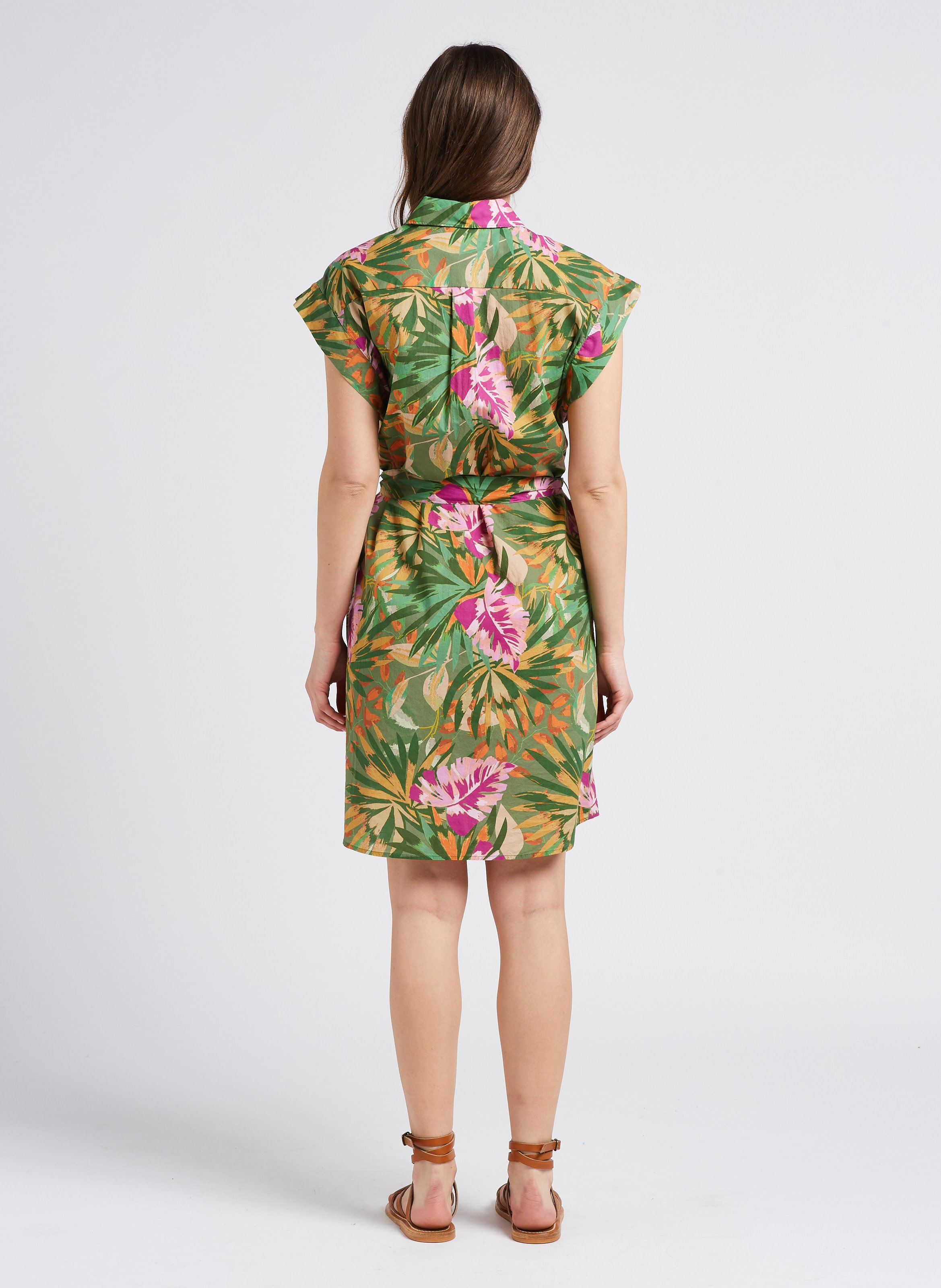 Leaf print belted cotton belted midi dress HARTFORD Green