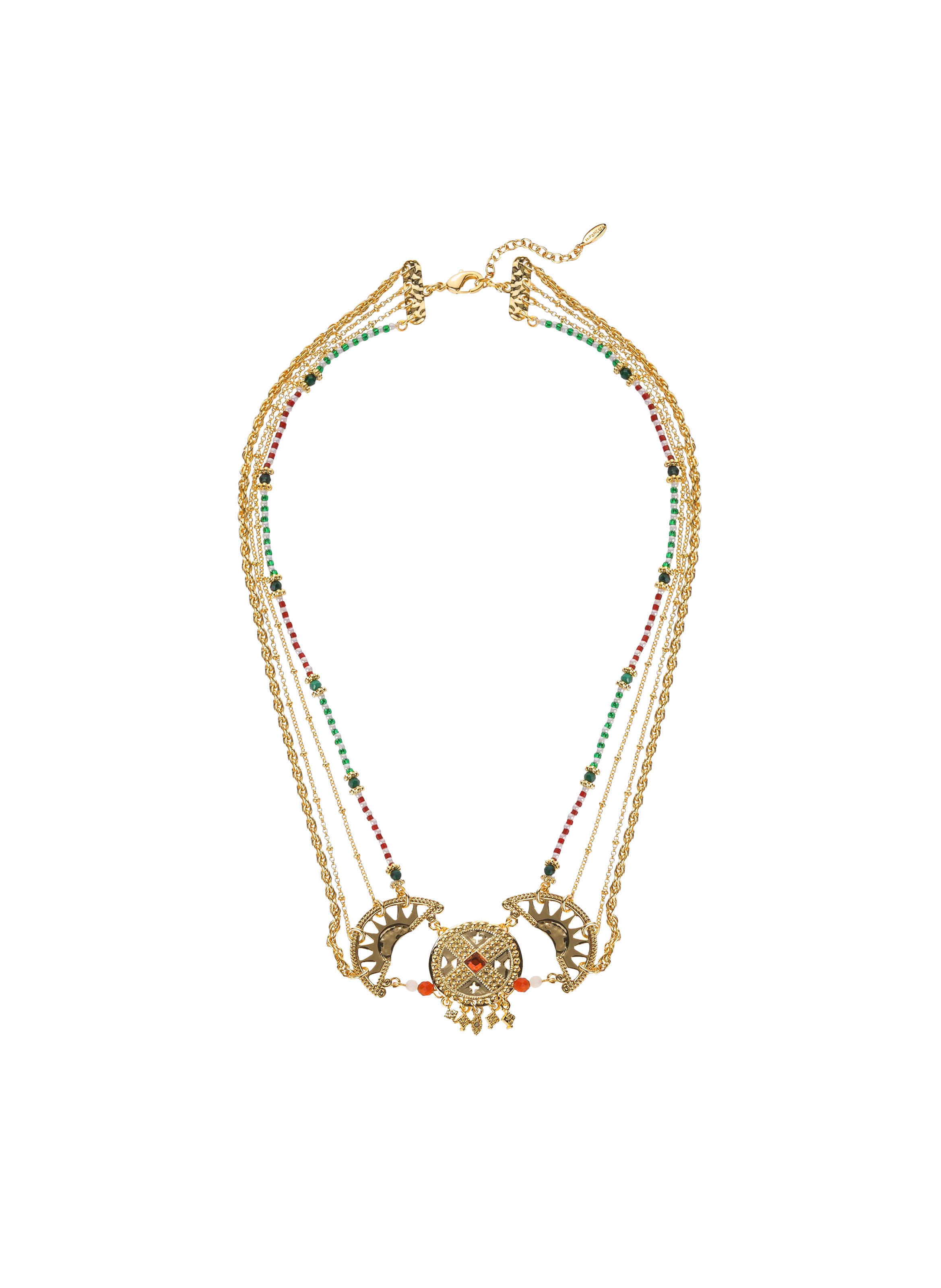 Multistrand chain necklace with central pendant and beads HIPANEMA Golden