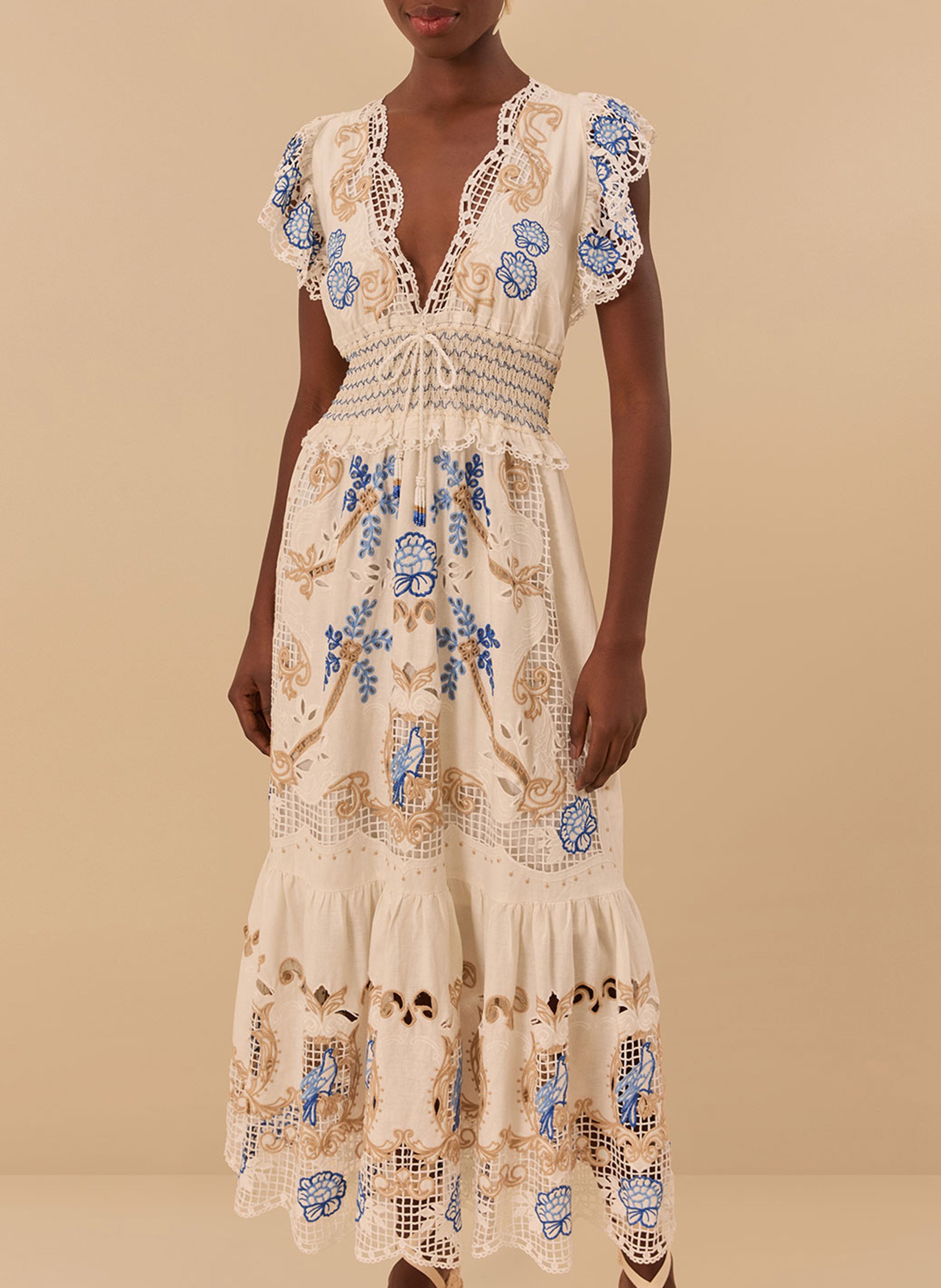 Long embroidered dress with a V-neckline FARM RIO White