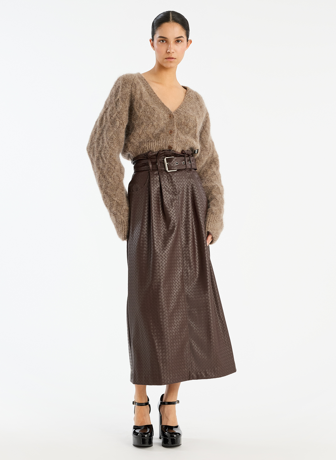 Loose-fit wool-blend cardigan with V-neck ROTATE Brown