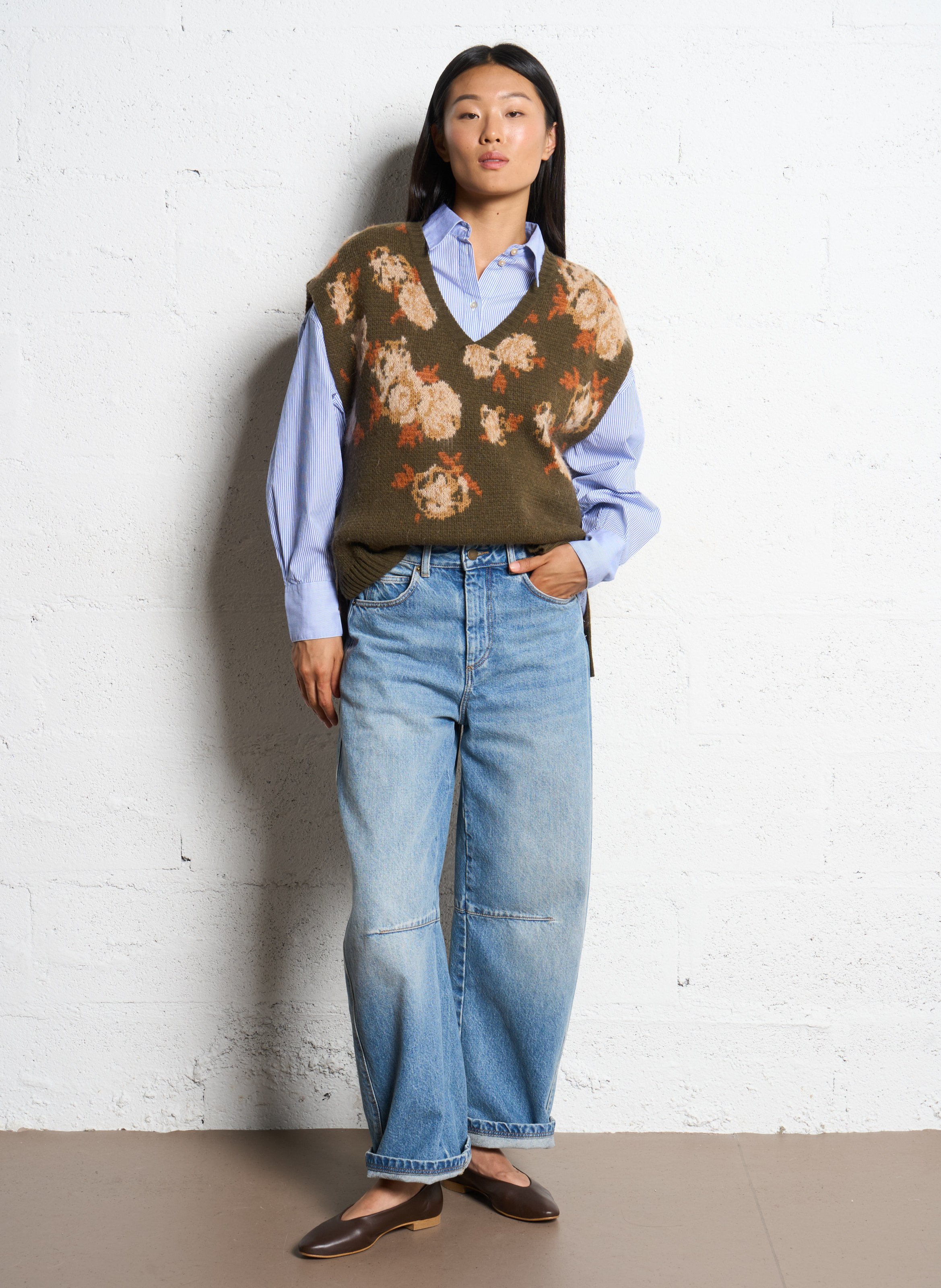 Pull col V sans manches en maille imprimée MOMONI Vert