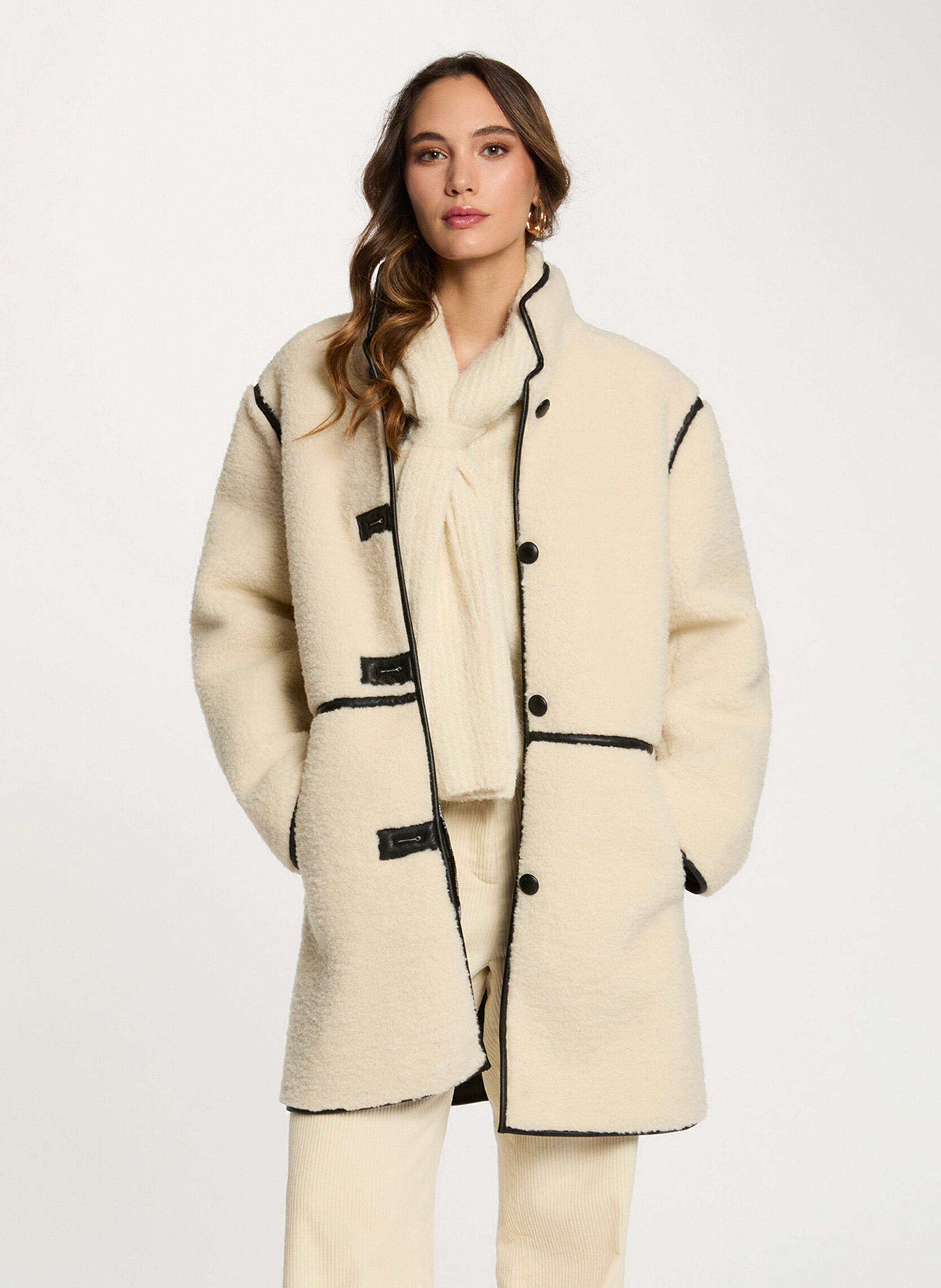 High neck coat with faux fur effect MORGAN Beige