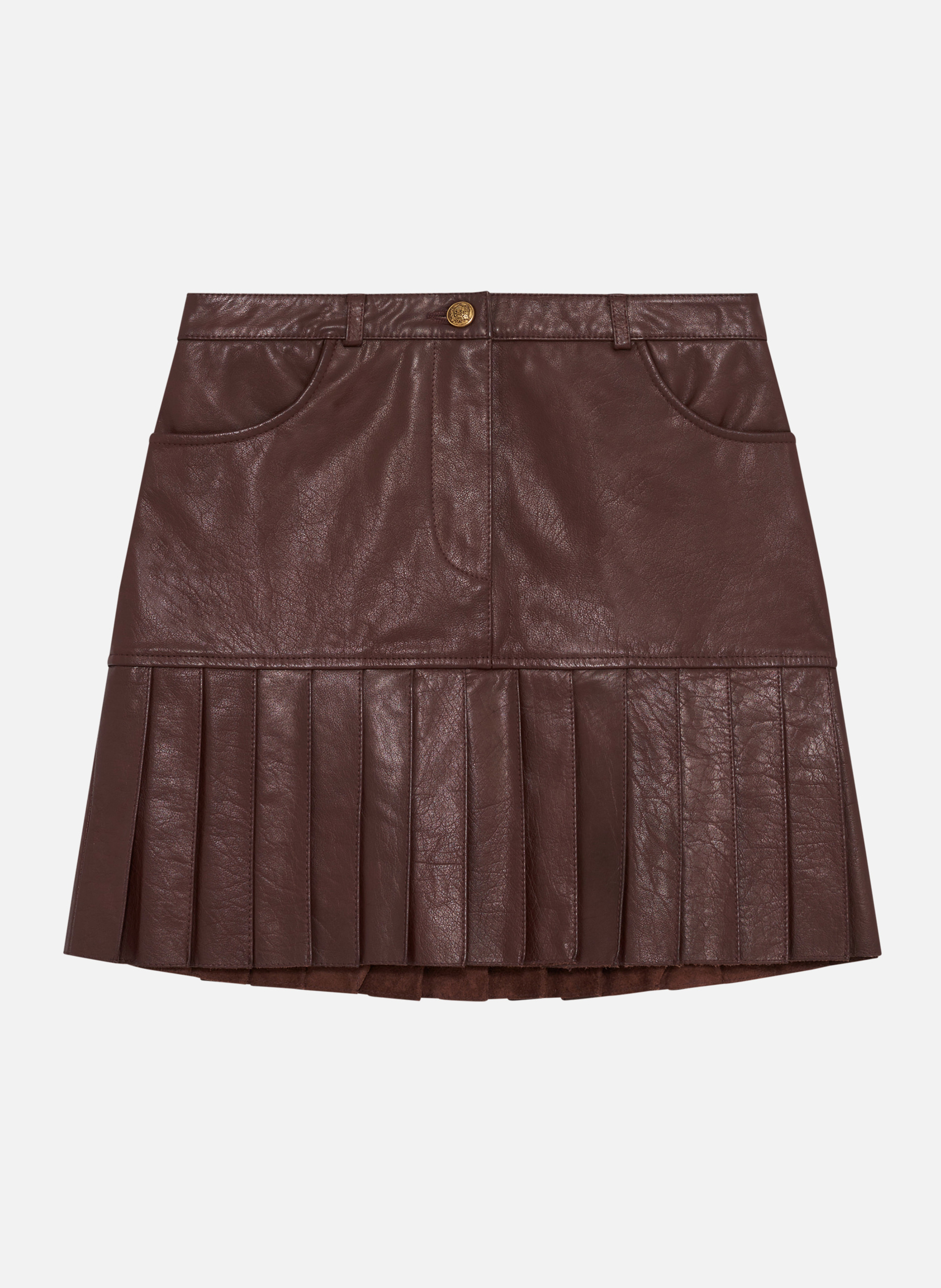 Short pleated leather skirt THE KOOPLES Brown