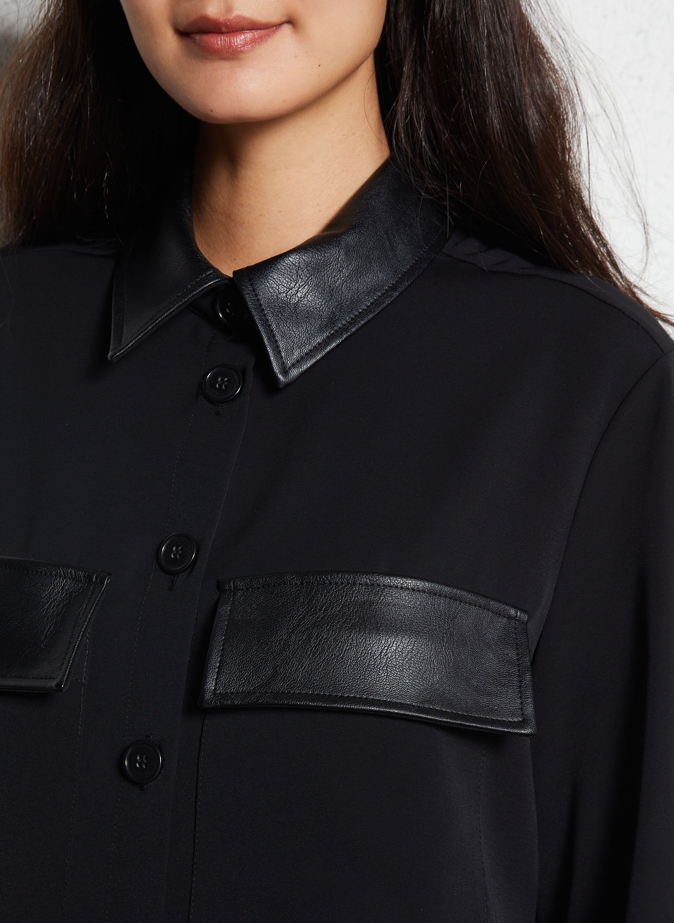 Short solid color jacket with faux leather details PLEASE Black