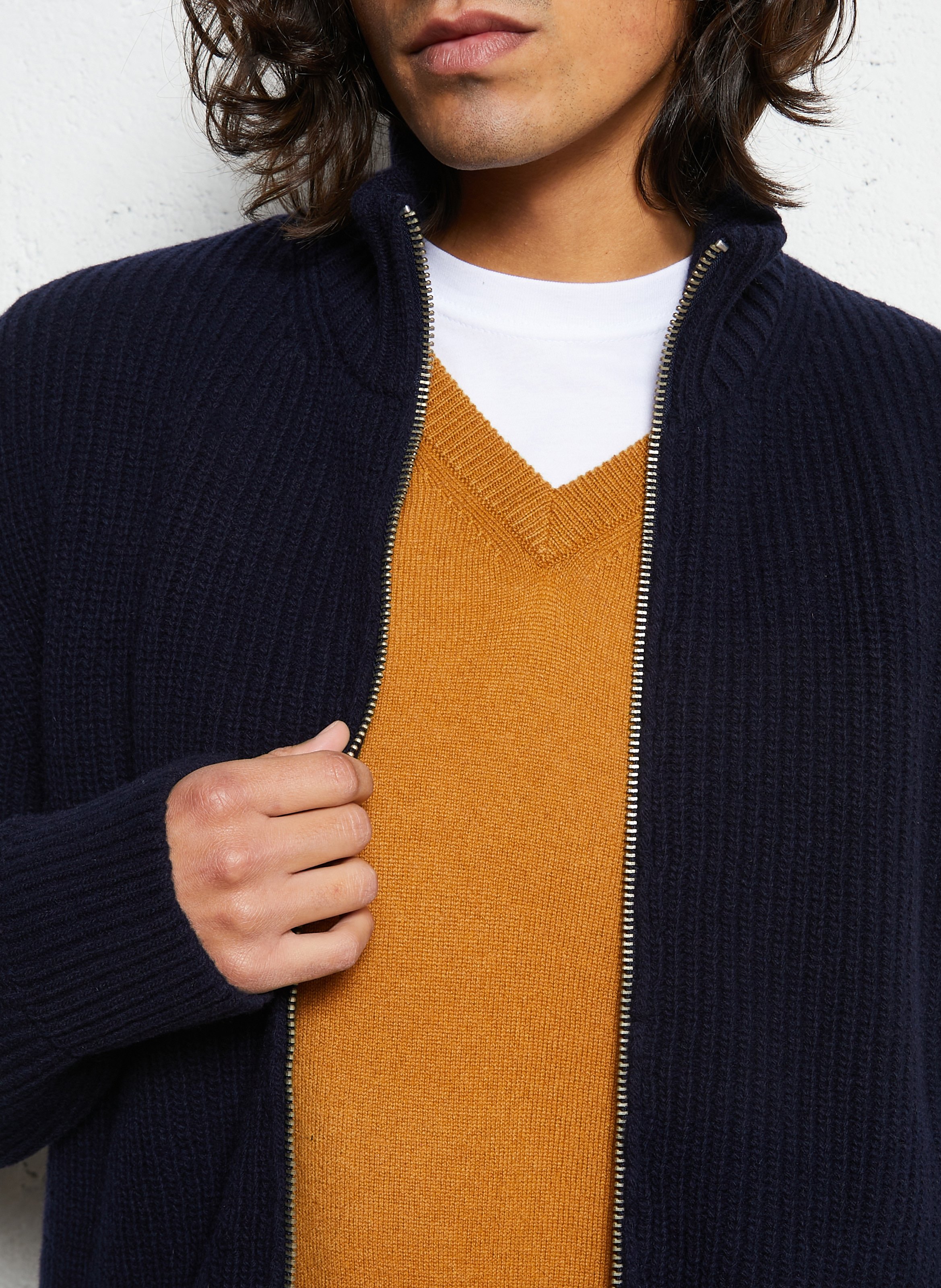 Zip-up cardigan in solid ribbed knit AU PRINTEMPS PARIS Blue