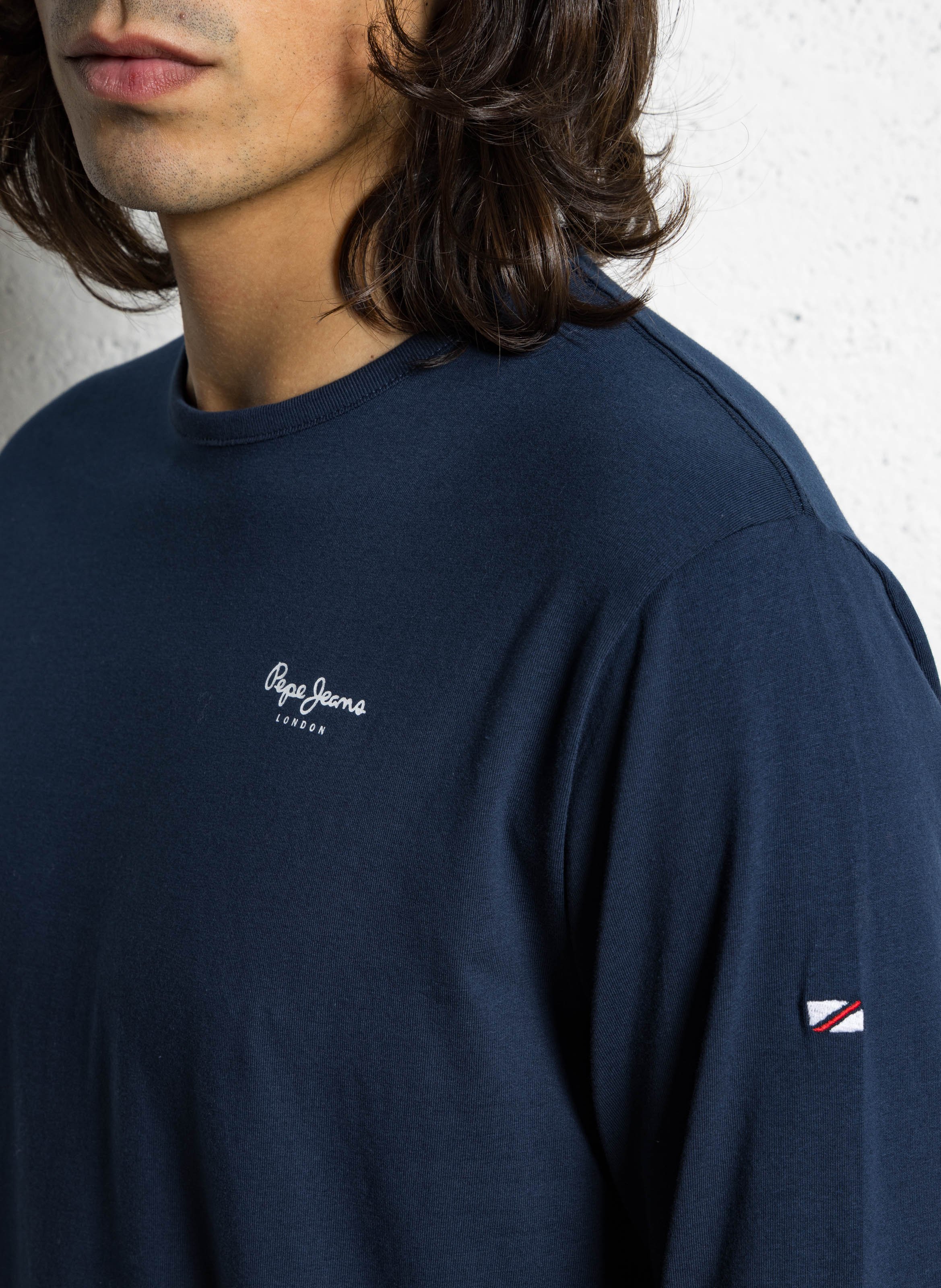 Round-neck stretch cotton T-shirt with screen print PEPE JEANS Blue