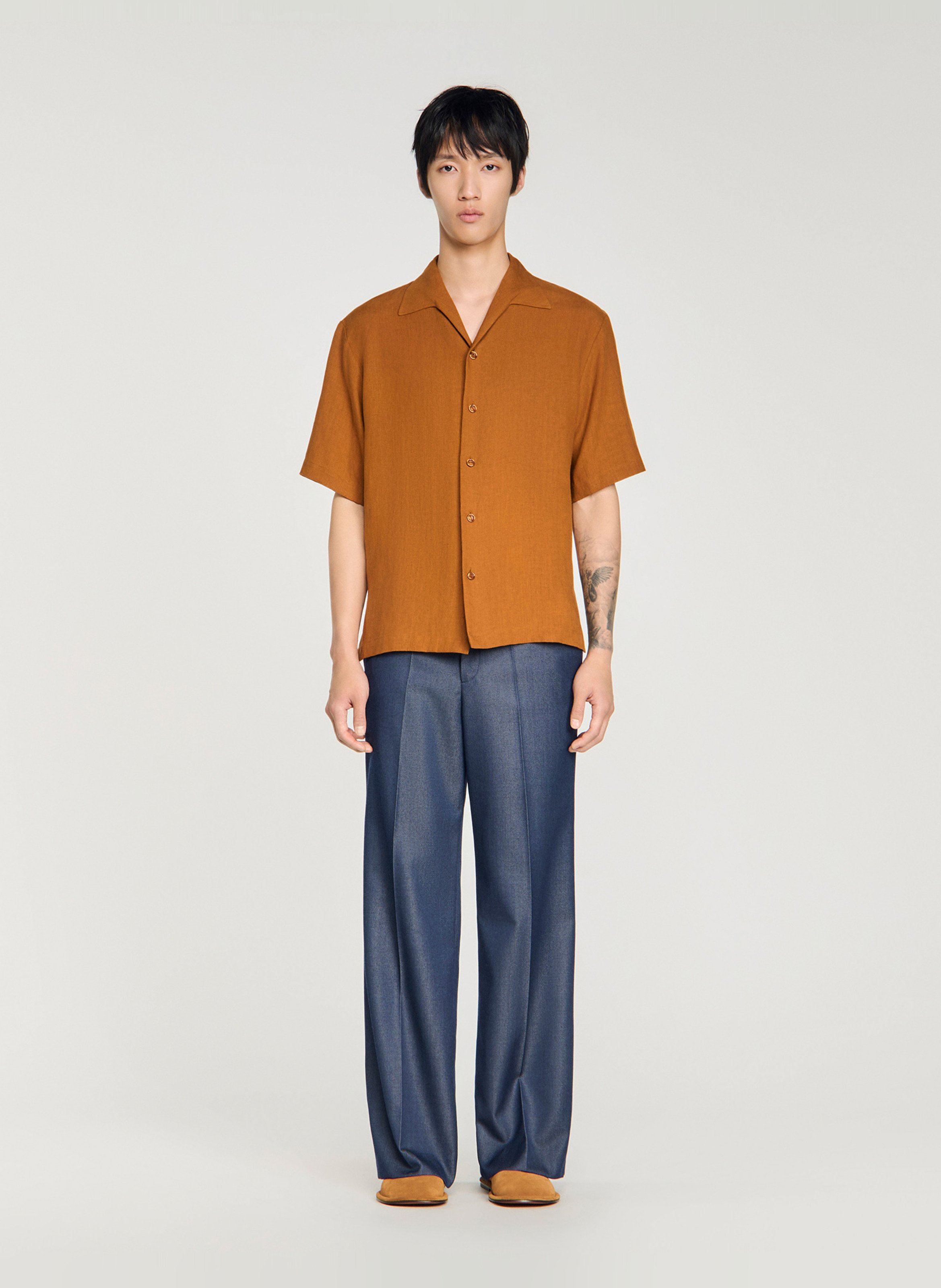 Chemise droite col cubain en lin SANDRO Marron