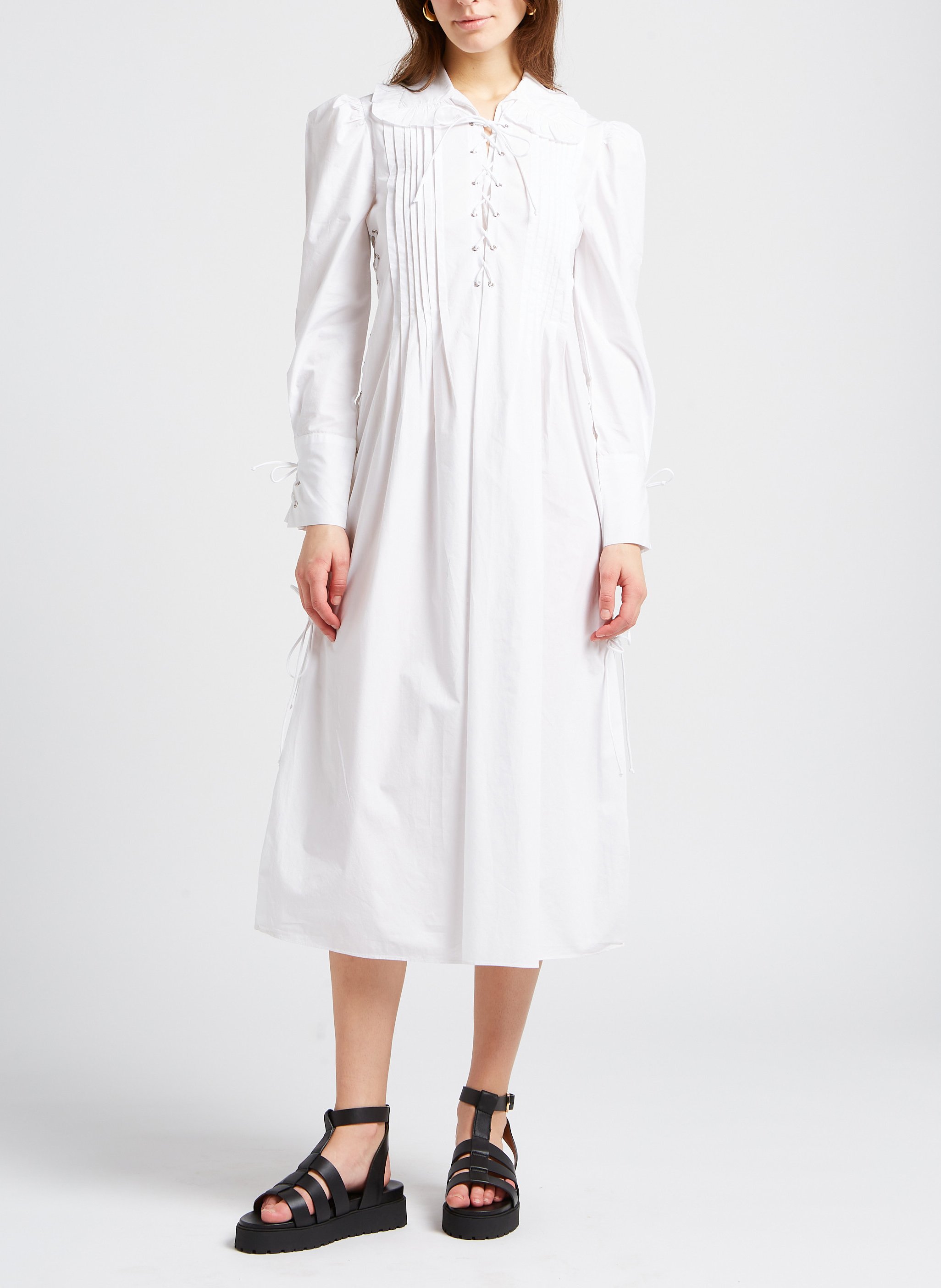 Long ruffled cotton dress with classic collar LAURENCE BRAS White