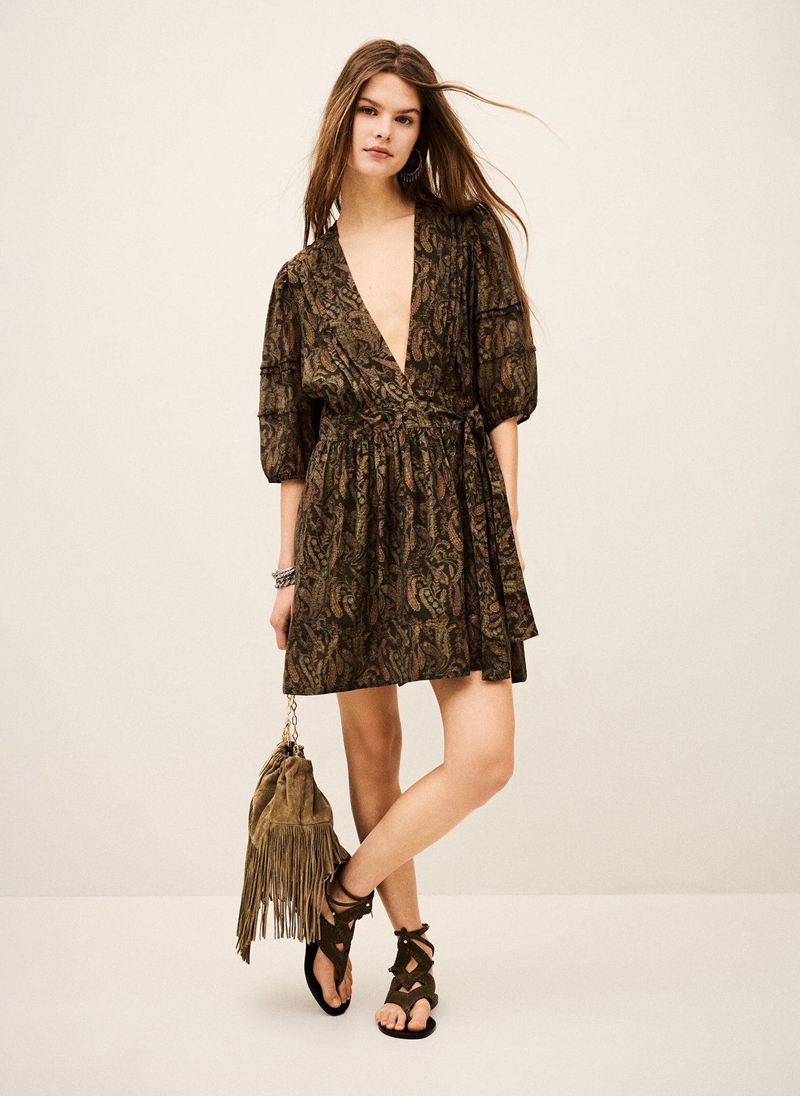 Short fitted printed V-neck dress BA&SH Khaki