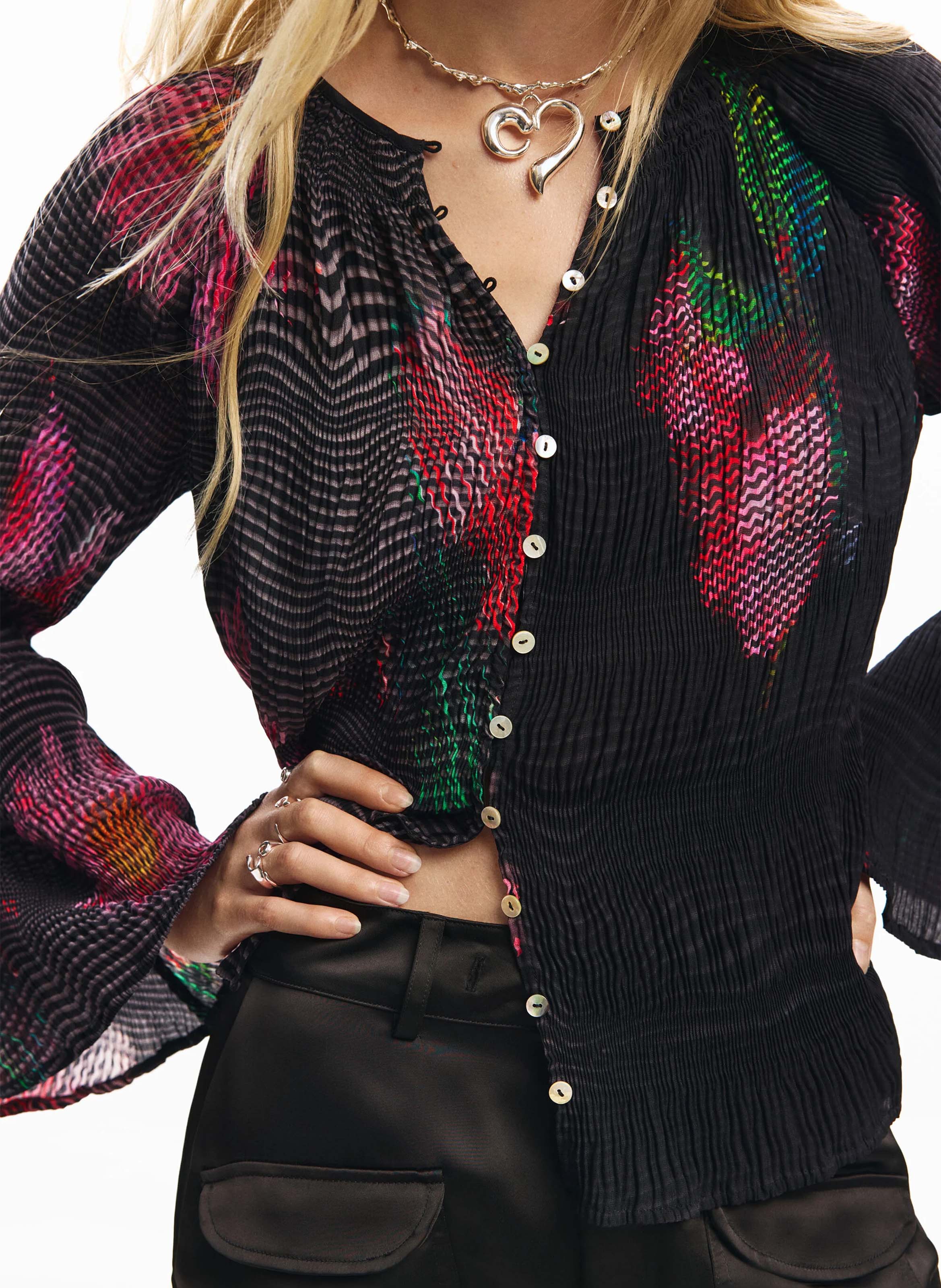 Round-neck pleated blouse DESIGUAL Black