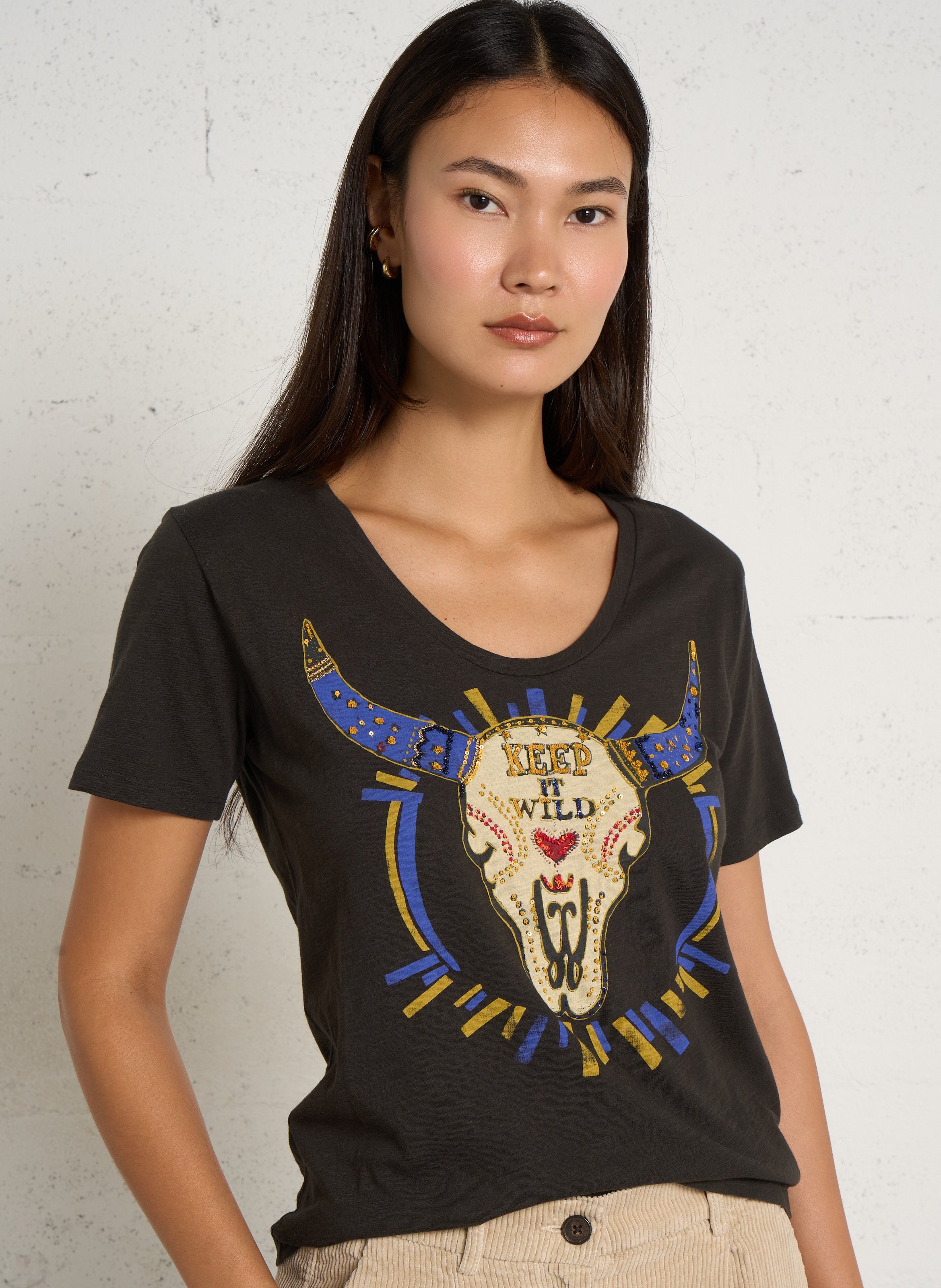 T-shirt met pailletten van biologisch katoen LEON & HARPER Grijs