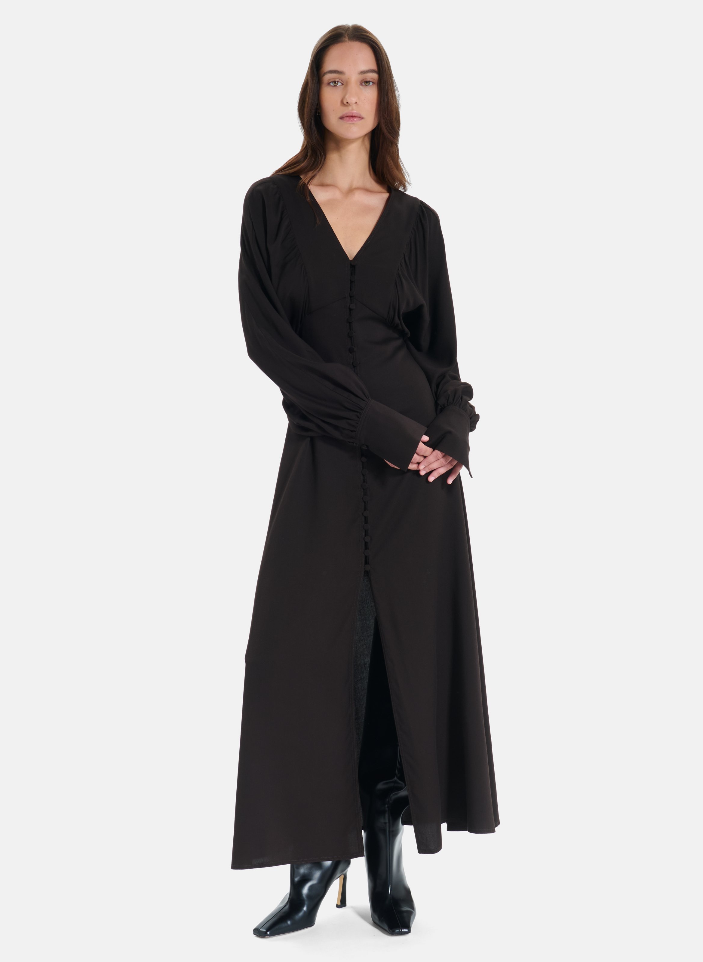 Robe longue fluide col V  ZAPA Marron