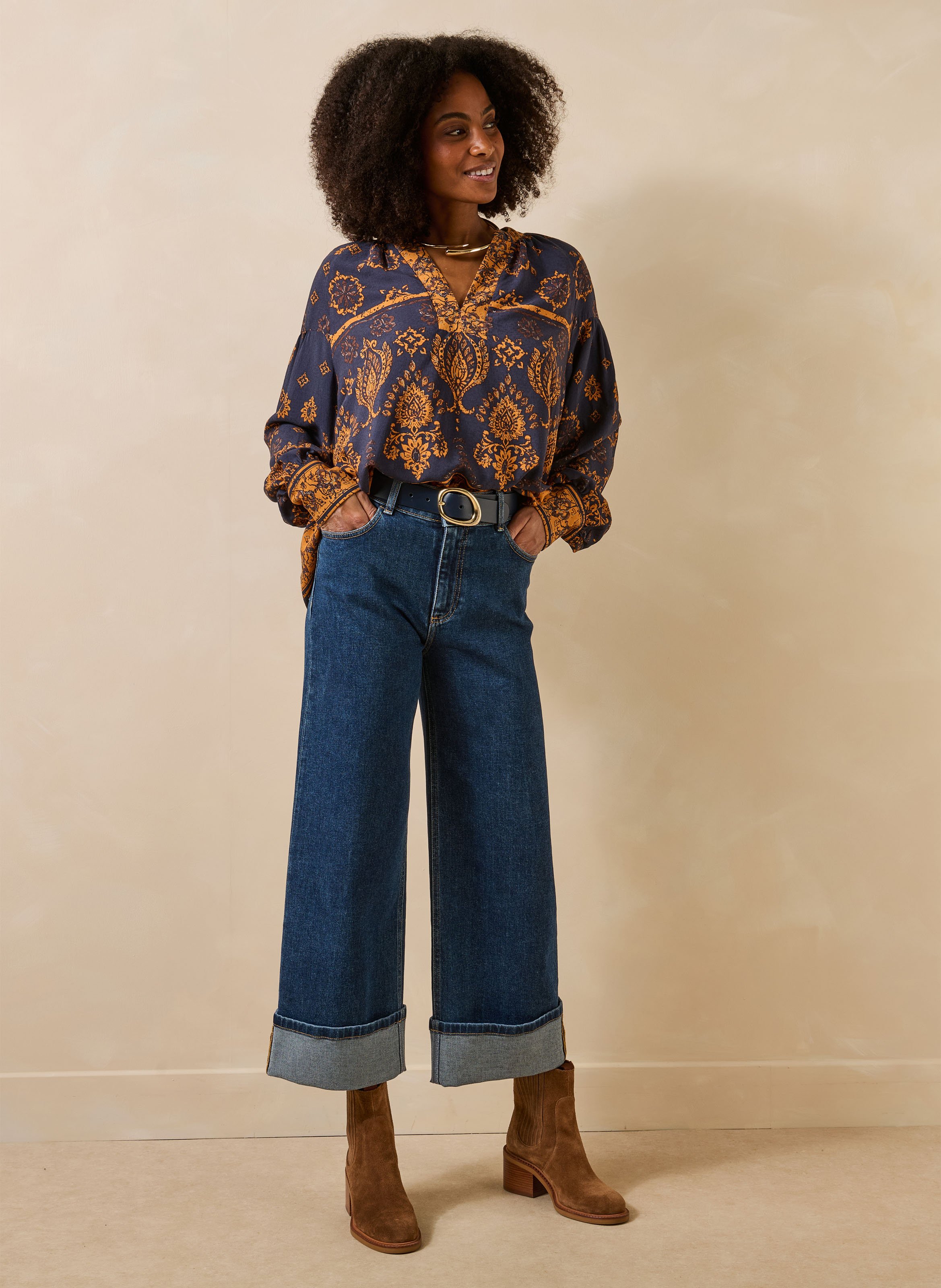 Blouse col V imprimée LA FEE MARABOUTEE Bleu