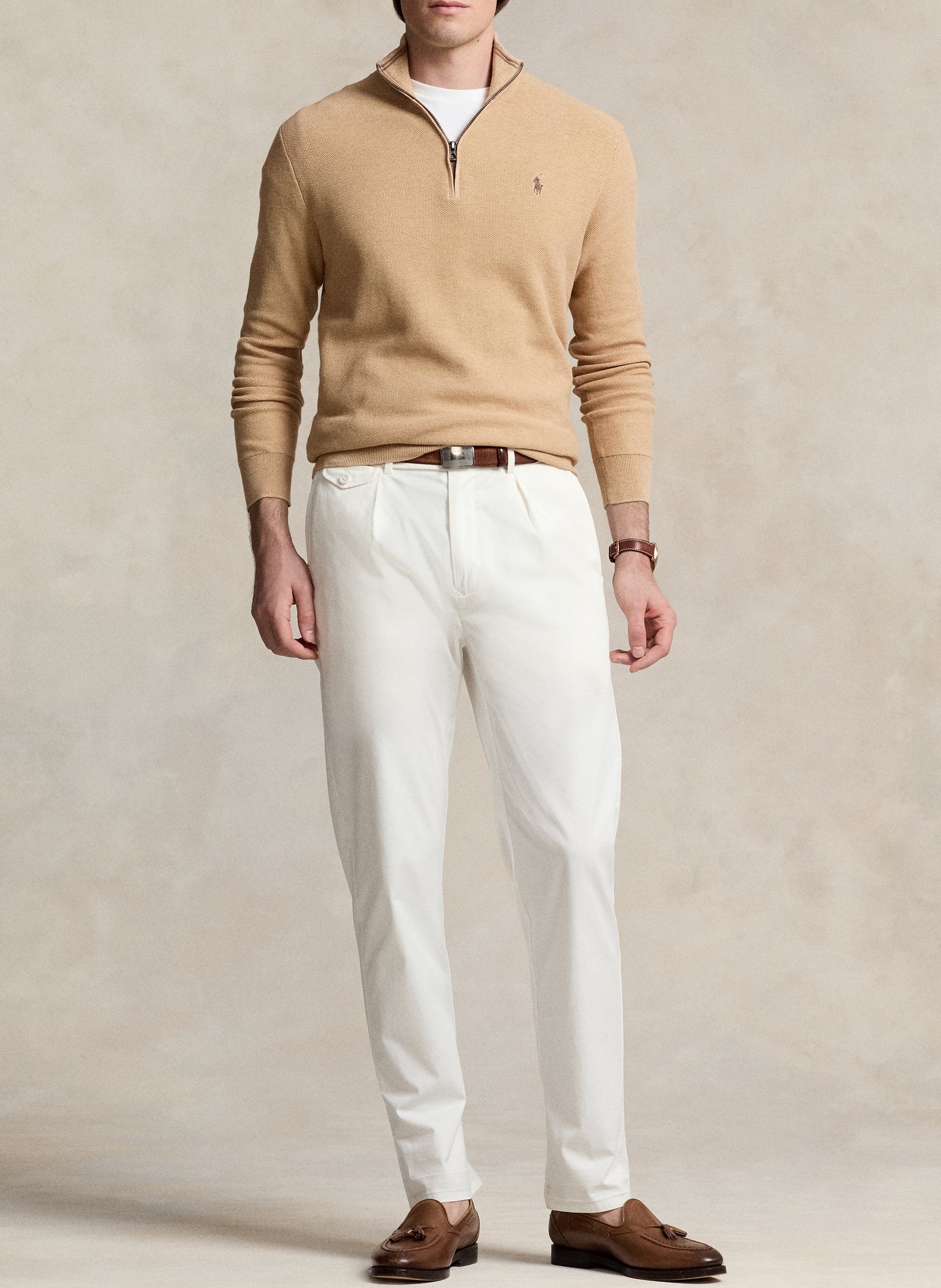Pull col montant zippé en coton piqué POLO RALPH LAUREN Beige