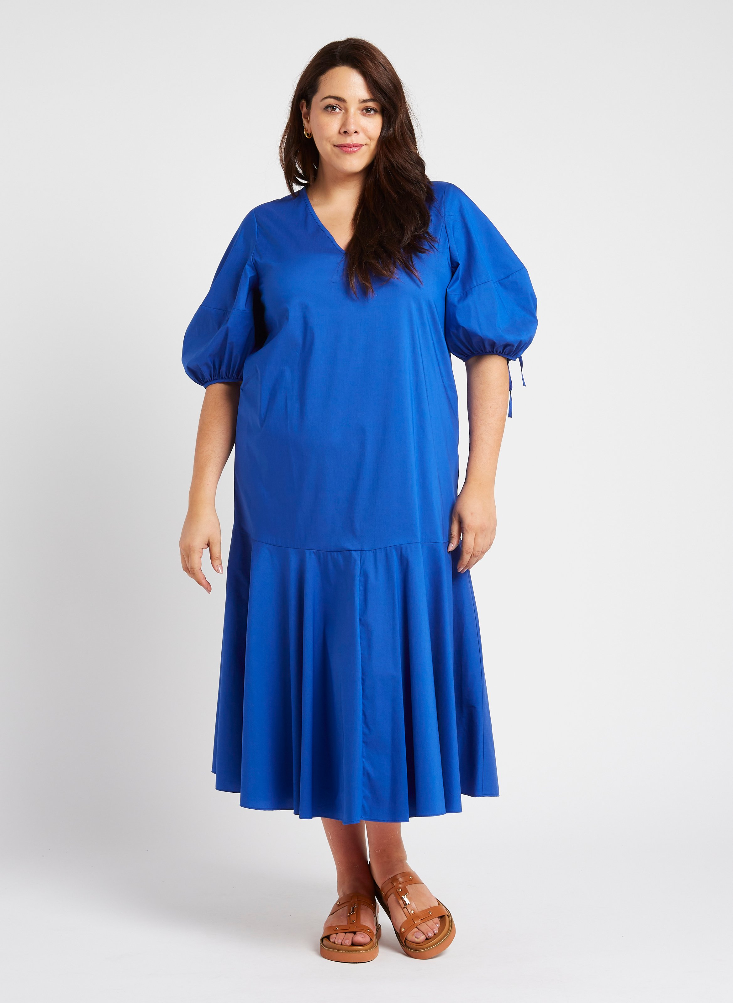 Gerade geschnittenes Maxikleid aus Baumwoll-Mix mit V-Ausschnitt PERSONA by Marina Rinaldi Blau