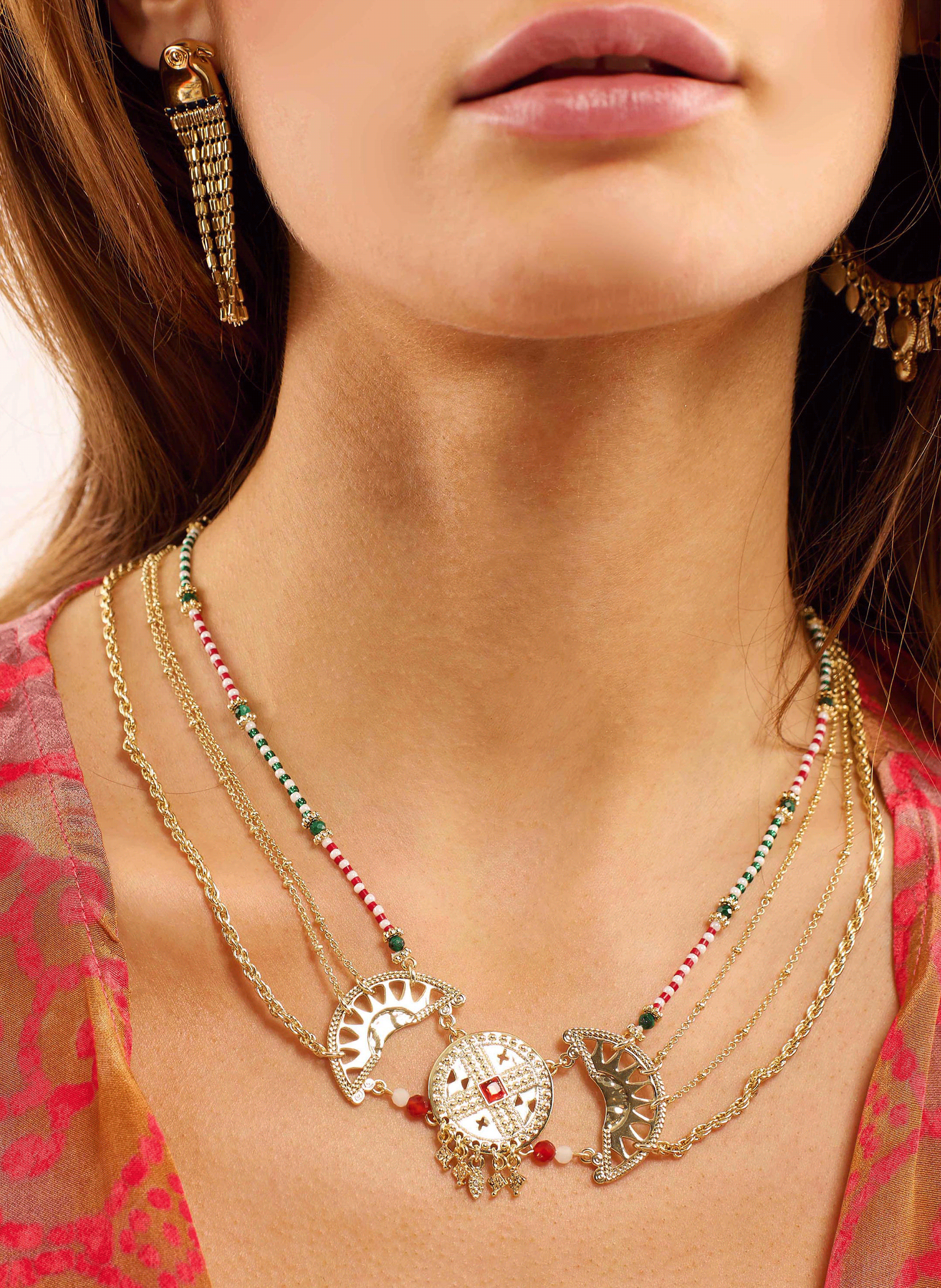 Multistrand chain necklace with central pendant and beads HIPANEMA Golden