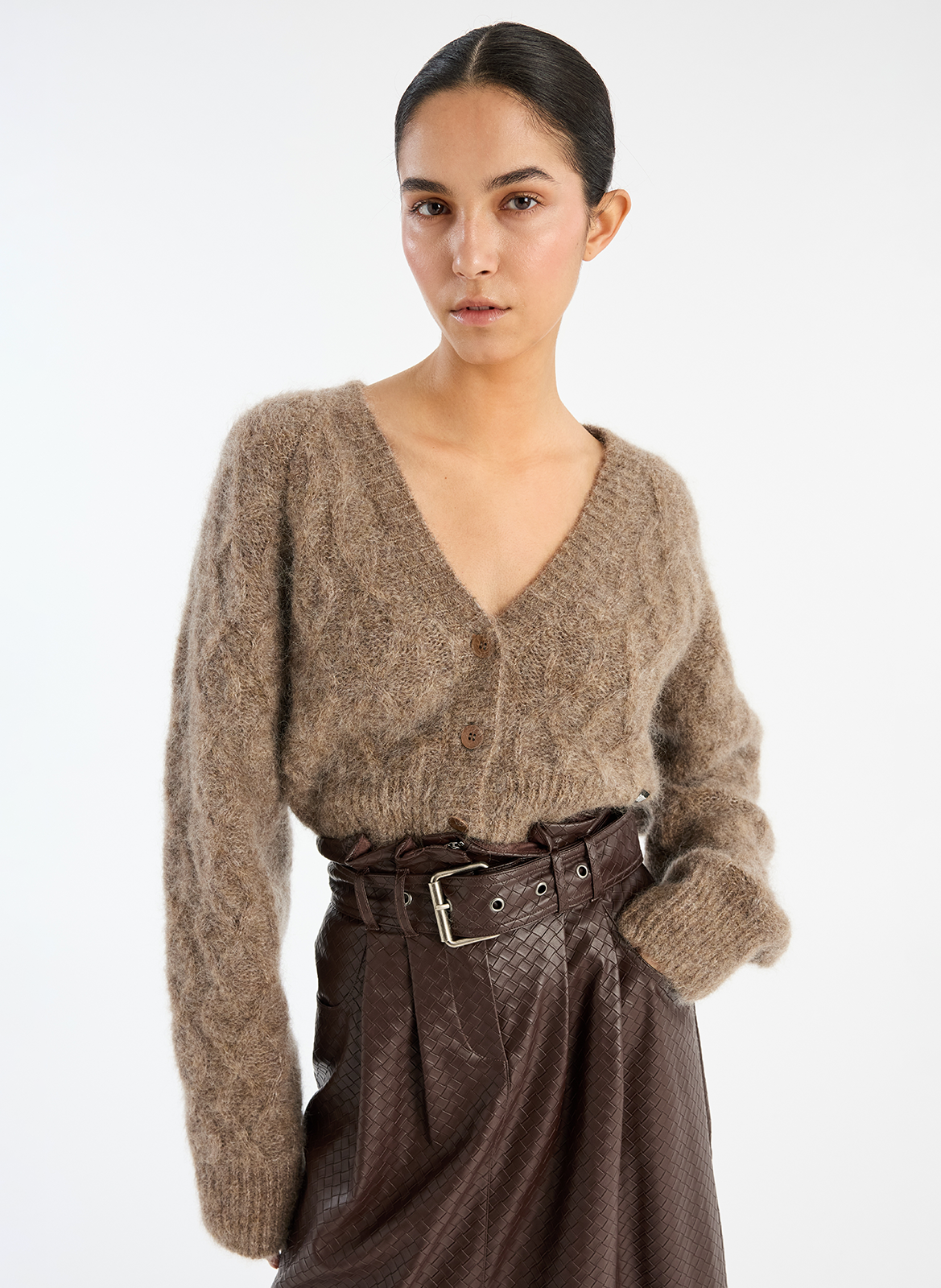 Loose-fit wool-blend cardigan with V-neck ROTATE Brown