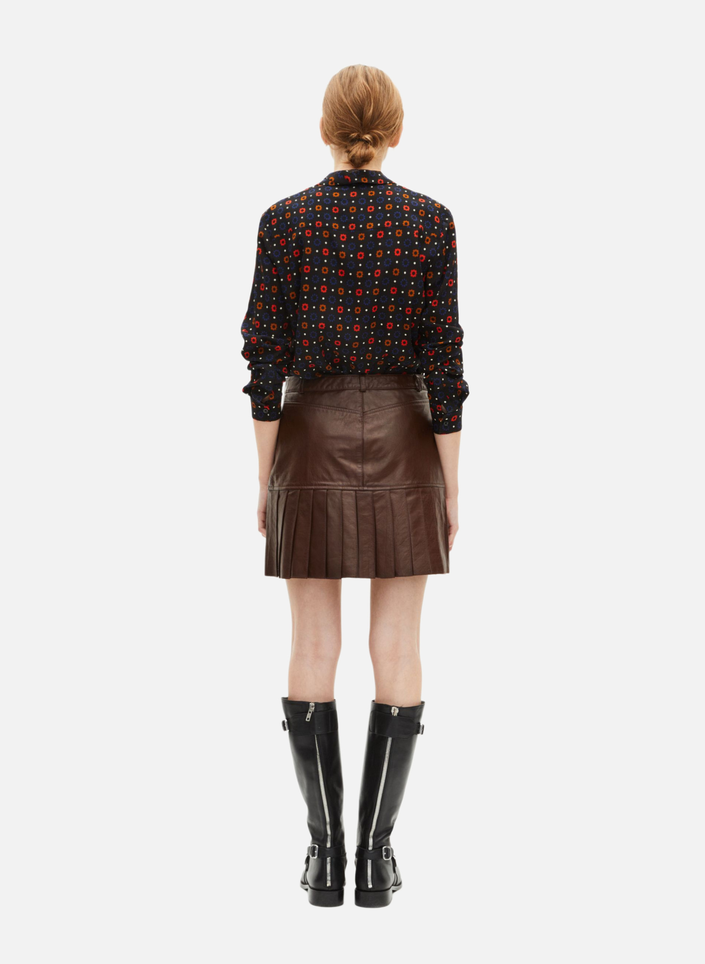 Short pleated leather skirt THE KOOPLES Brown