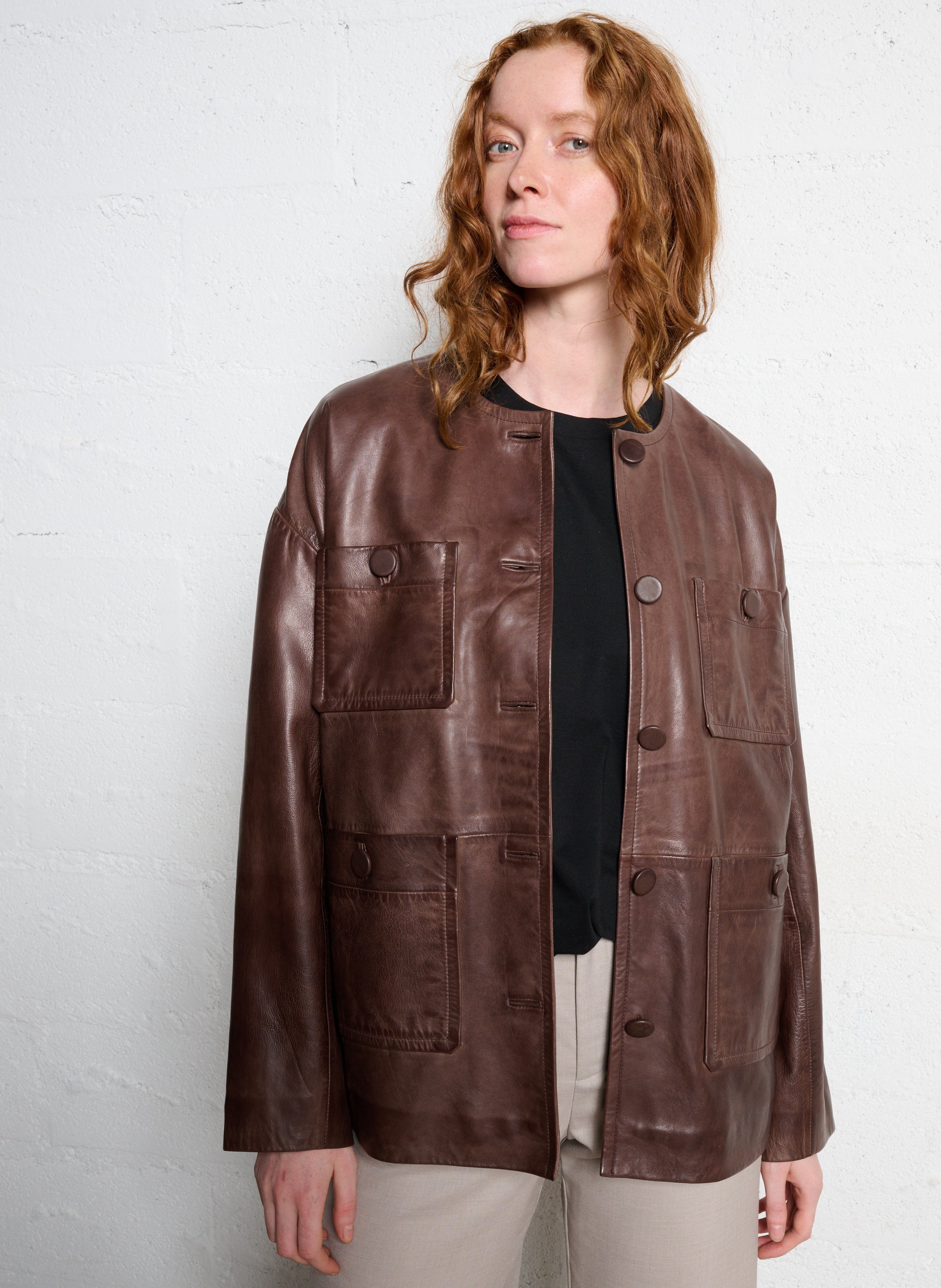 Oversized round neck leather jacket IKKS Brown