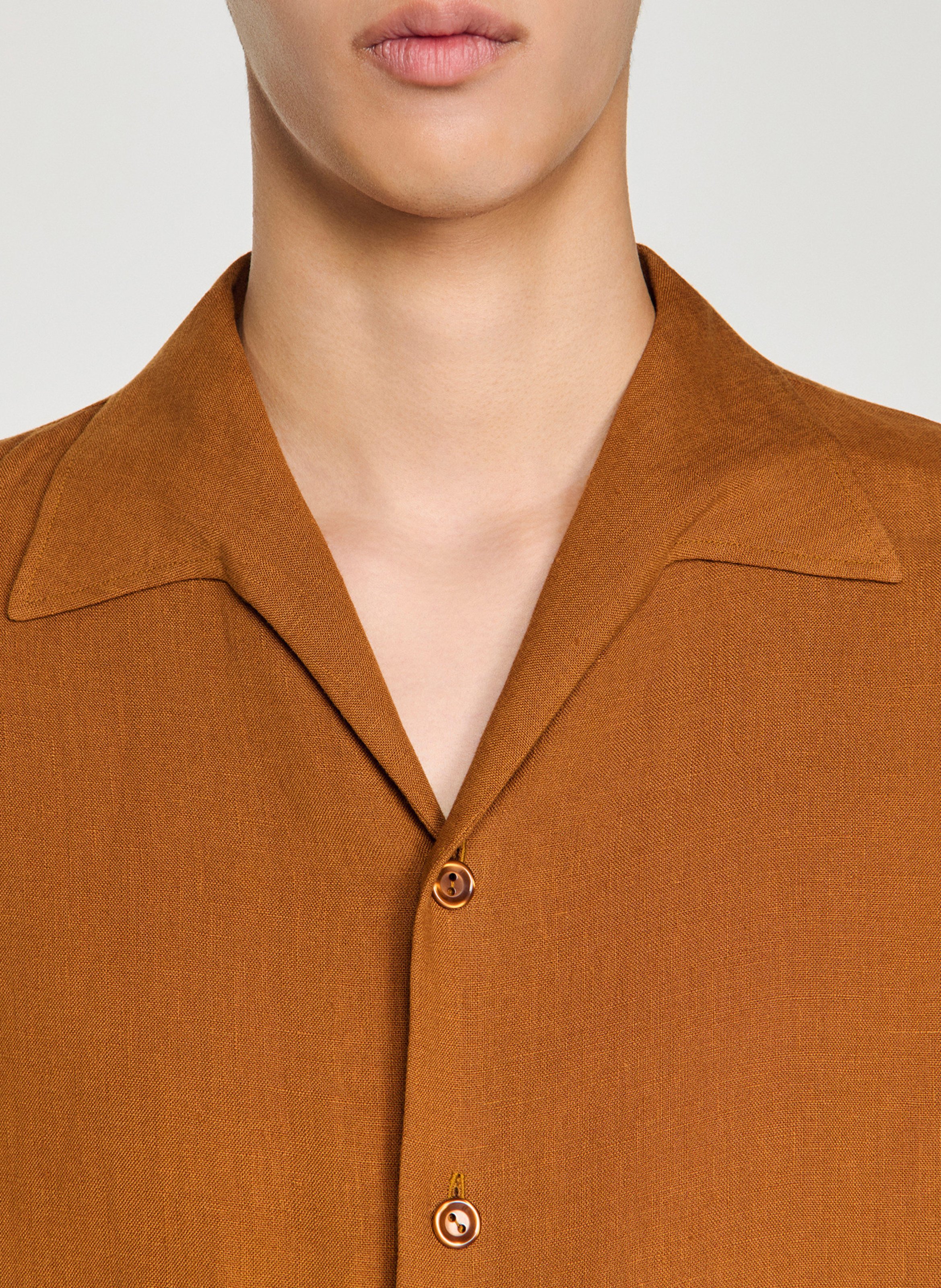 Chemise droite col cubain en lin SANDRO Marron