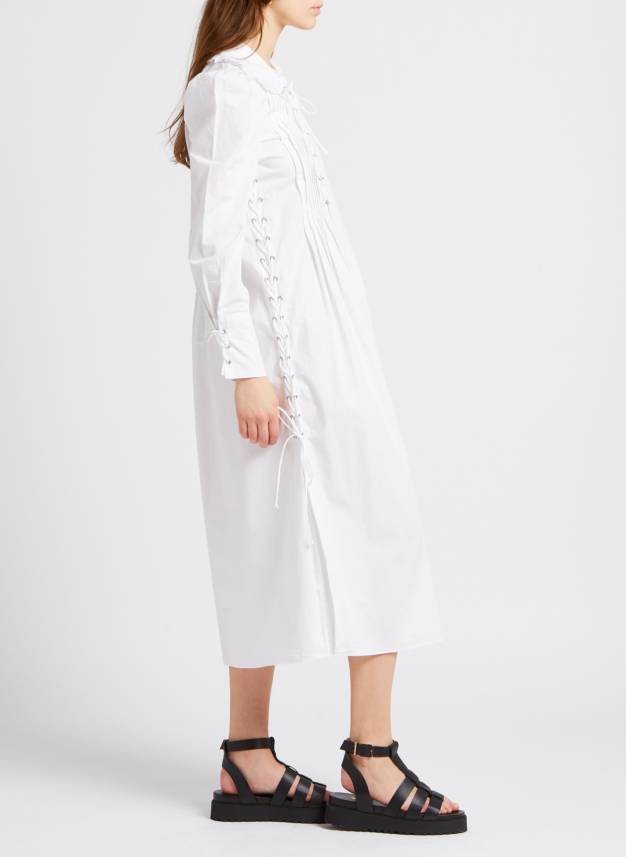 Long ruffled cotton dress with classic collar LAURENCE BRAS White