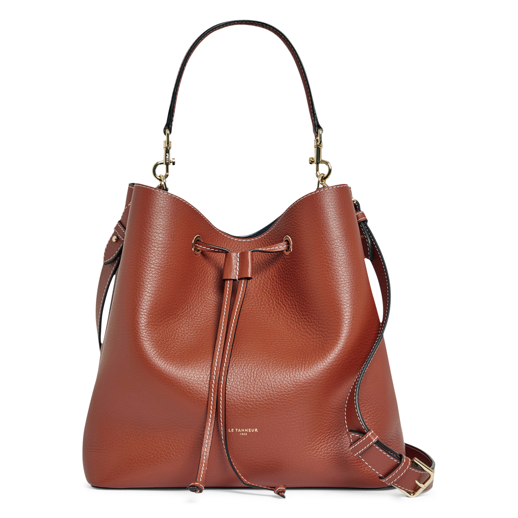 Große Eimer-Tasche aus genarbtem Leder LOUISE Acajou-crepuscule