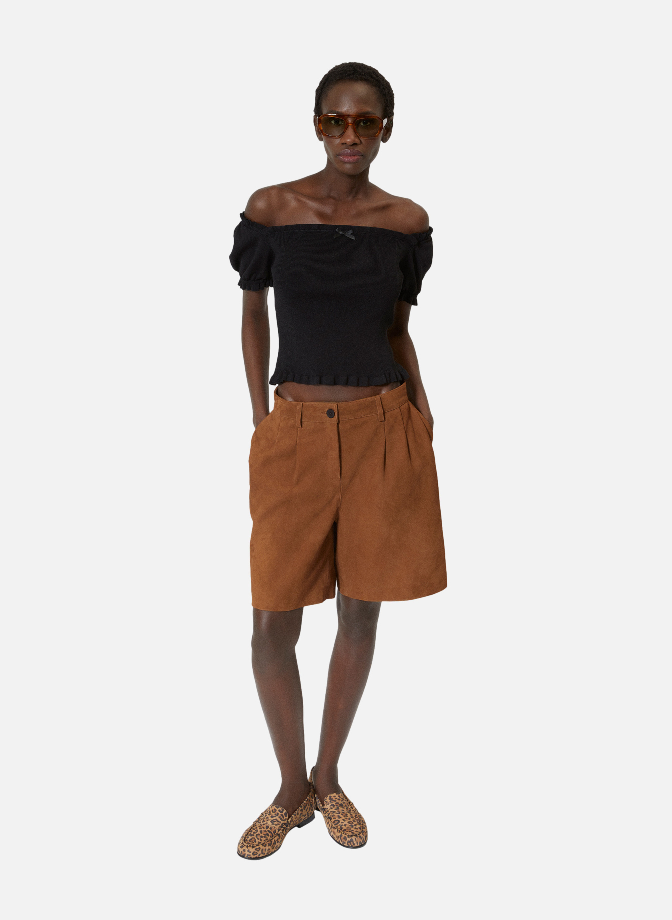 Pleated leather Bermuda shorts THE KOOPLES Brown