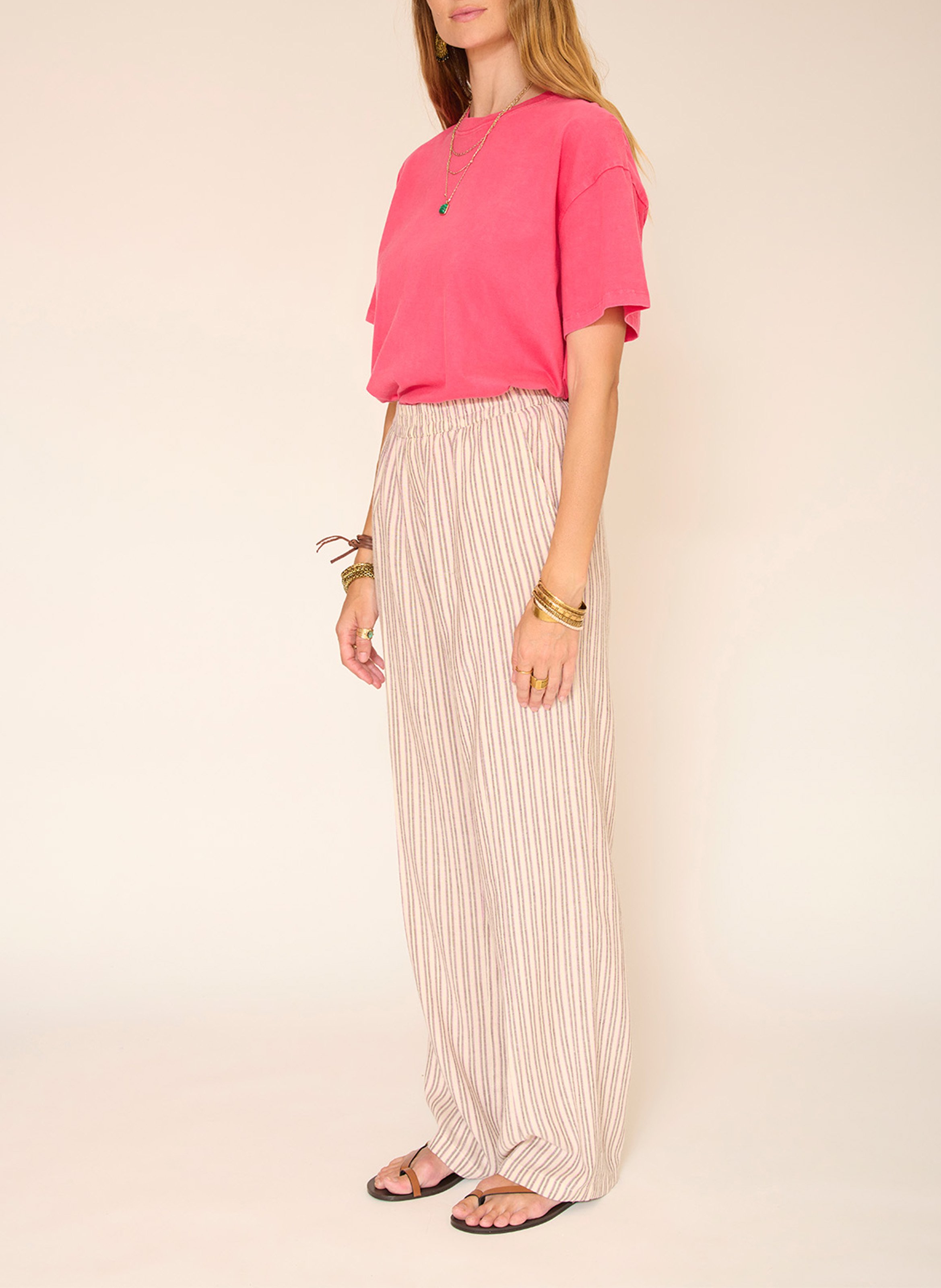 Gerade geschnittene, fließende Streifenhose MKT Beige