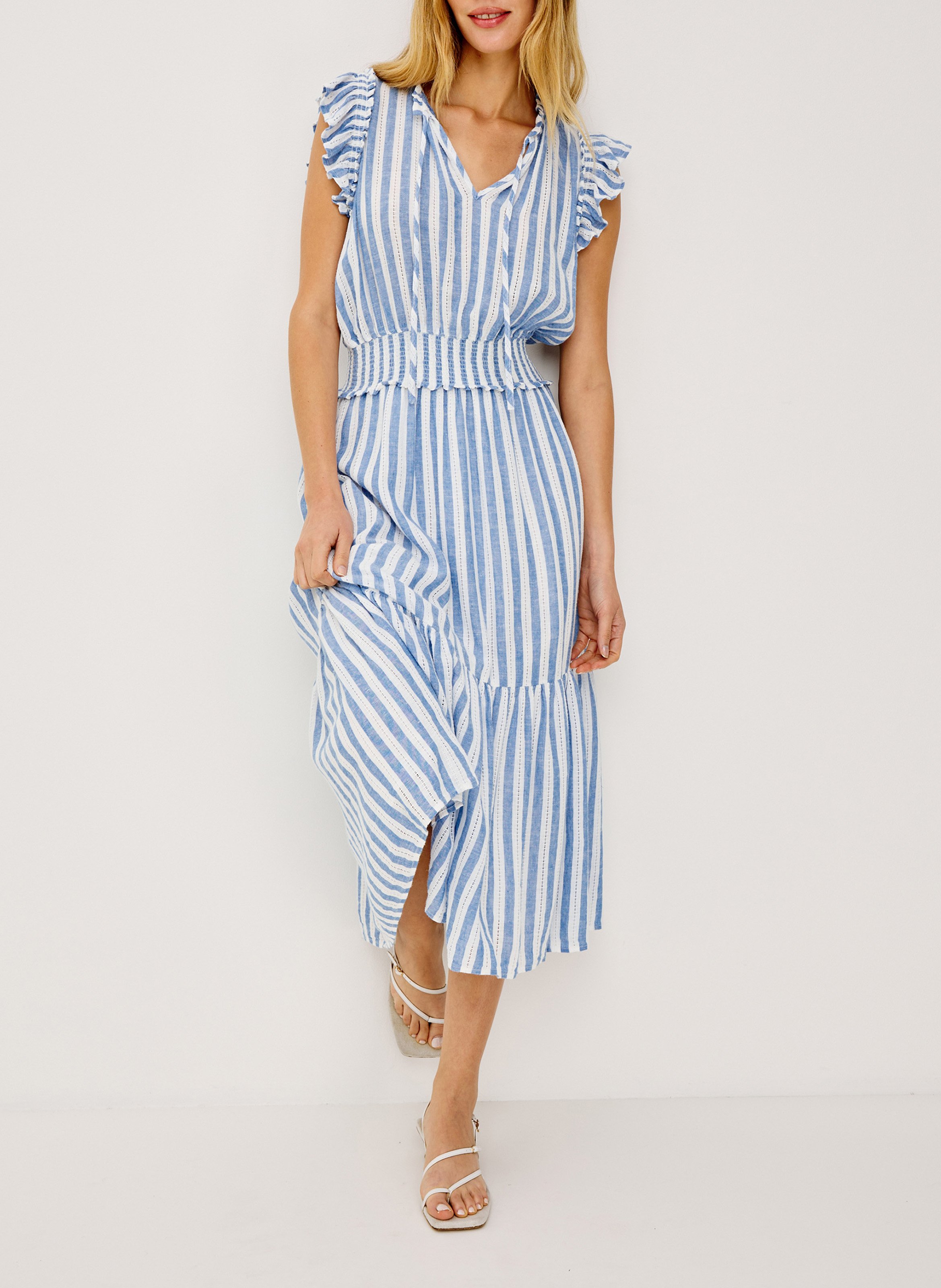 Midi dress with Tunisian collar in blended linen RAILS Multicolored