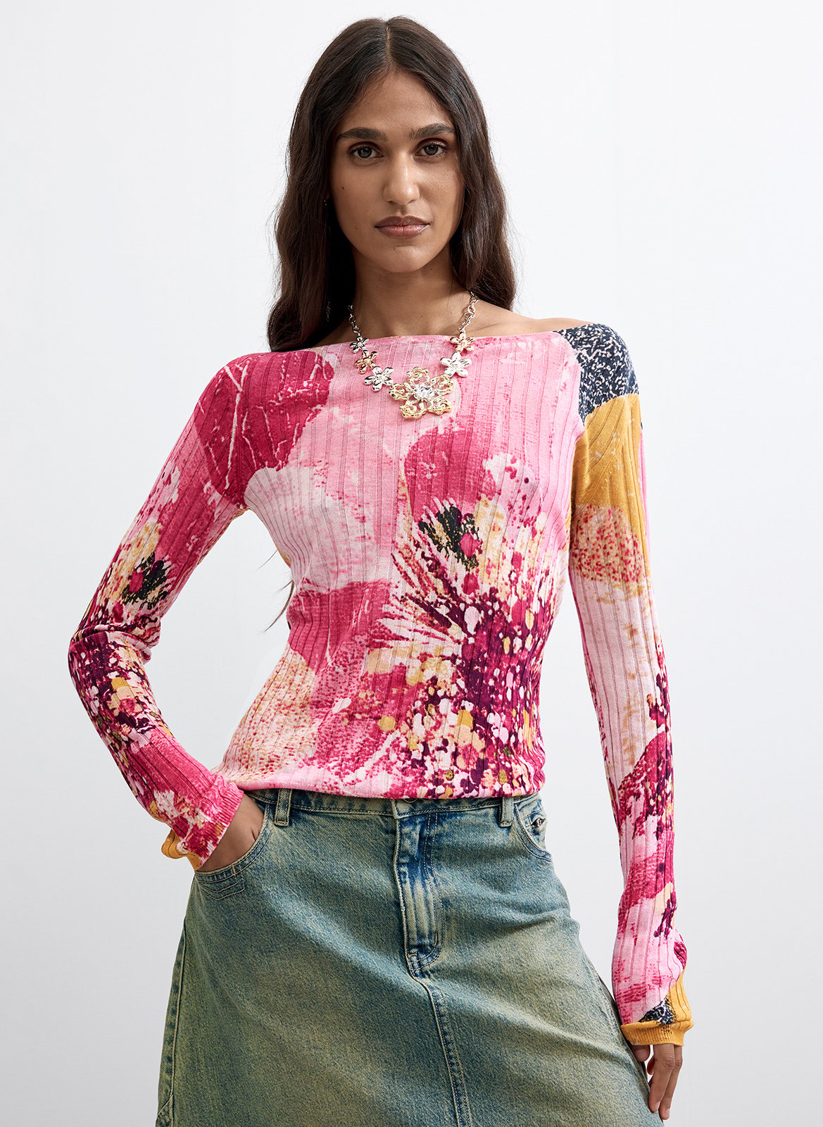 Straight boat neck sweater in printed knit DESIGUAL Red