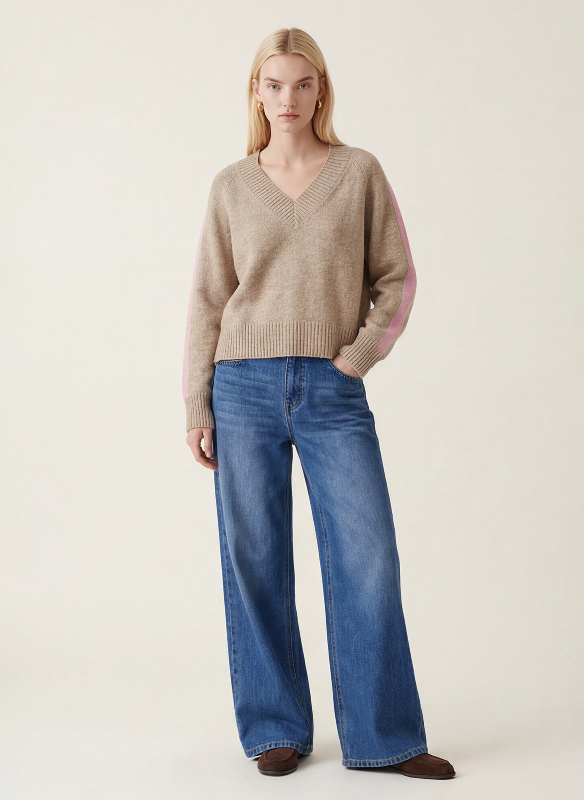 Pull droit col v en laine mélangée KOOKAI Beige