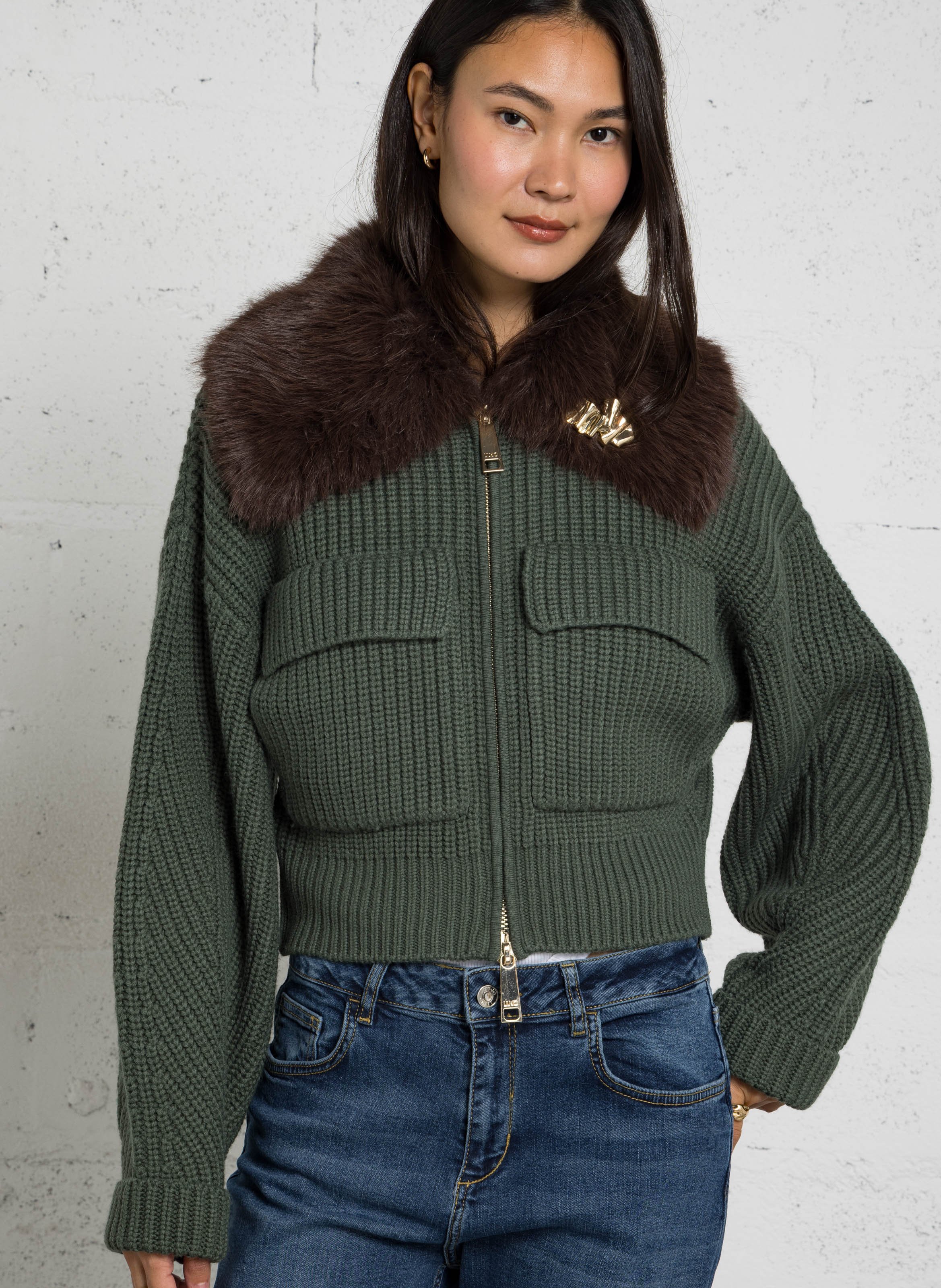 Gilet col en fourrure en laine mélangée LIU JO Vert