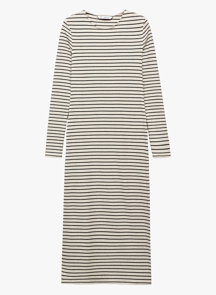 Beige Round neck striped midi dress