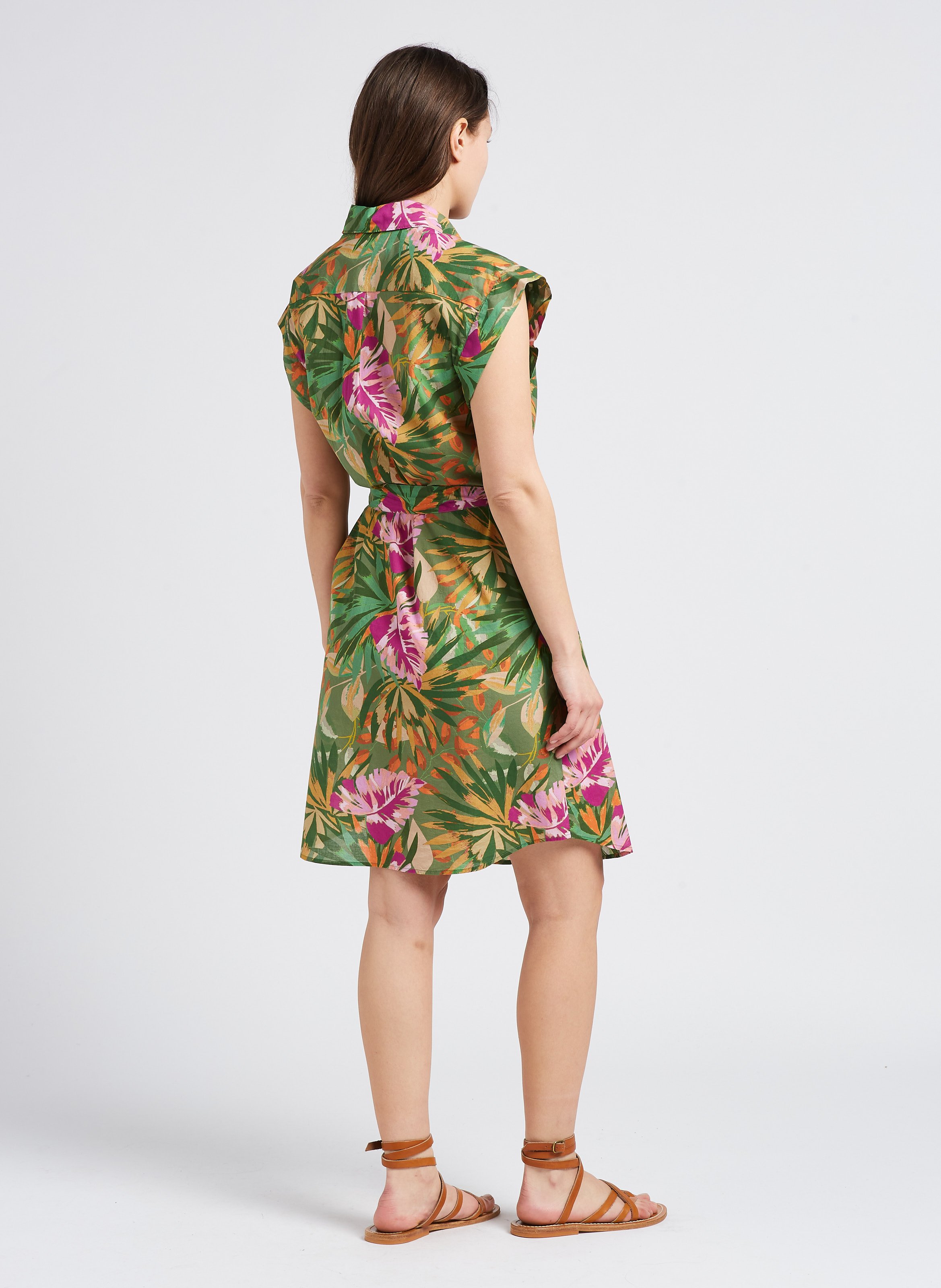Leaf print belted cotton belted midi dress HARTFORD Green