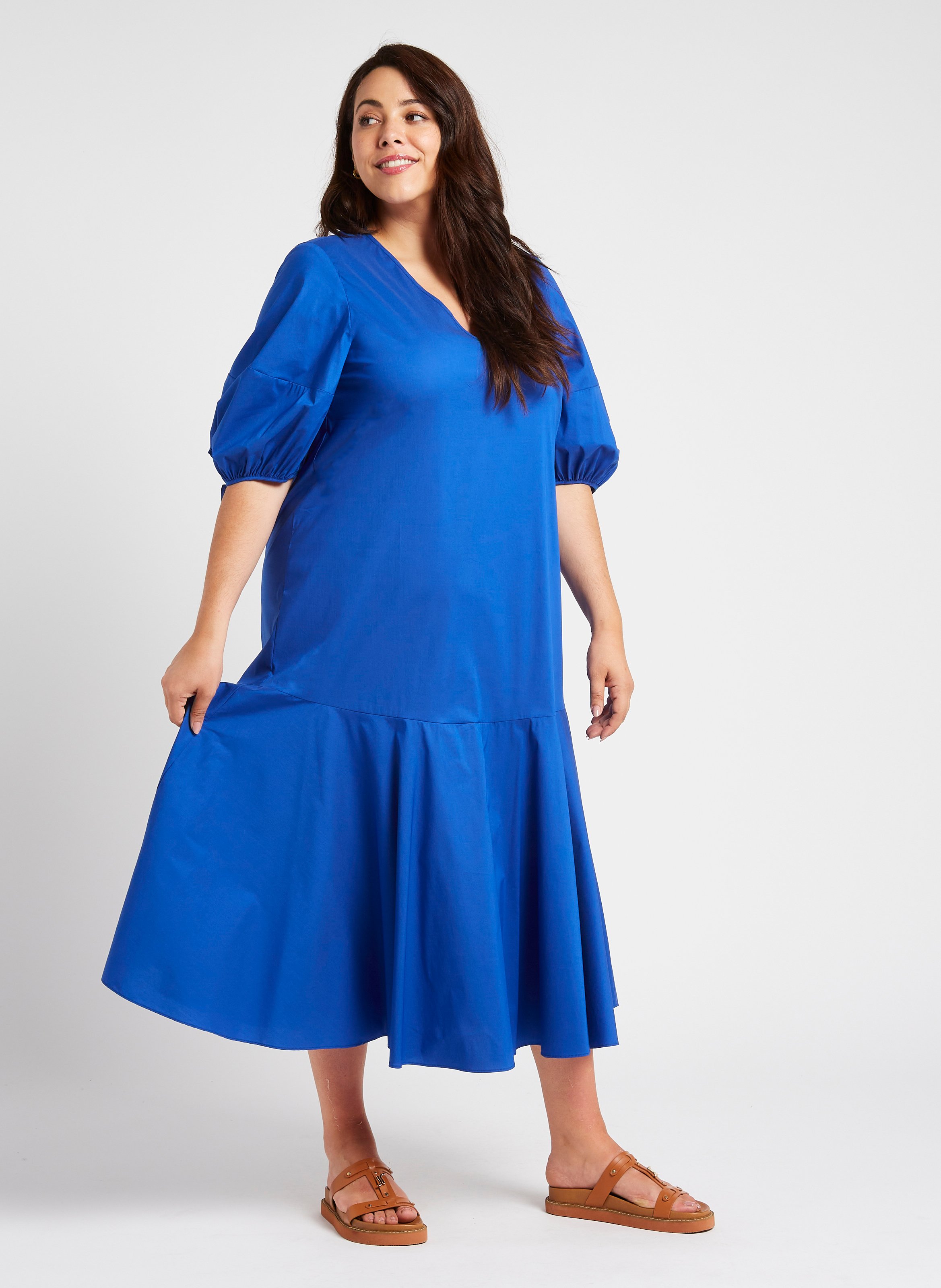 Gerade geschnittenes Maxikleid aus Baumwoll-Mix mit V-Ausschnitt PERSONA by Marina Rinaldi Blau