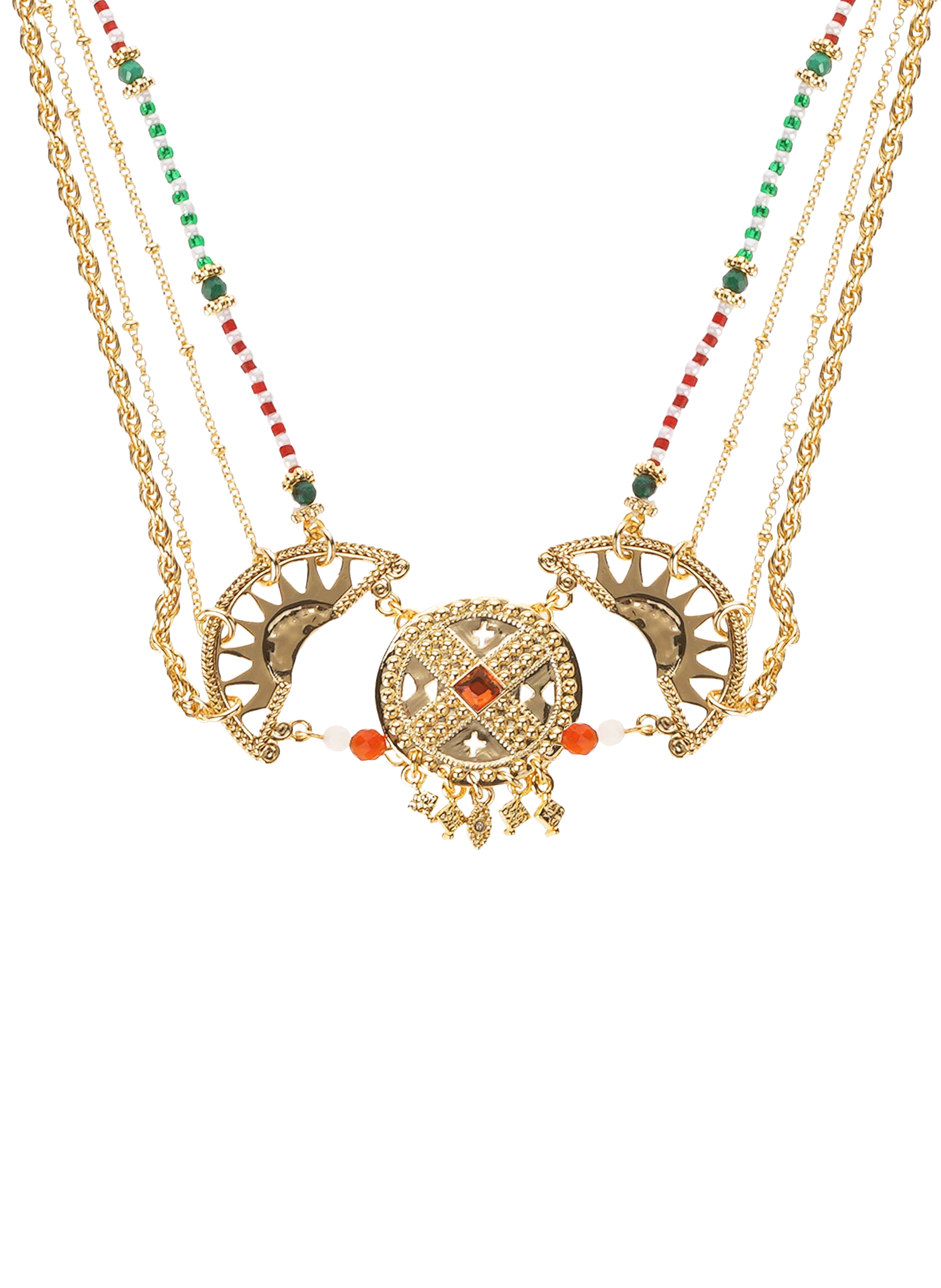Multistrand chain necklace with central pendant and beads HIPANEMA Golden
