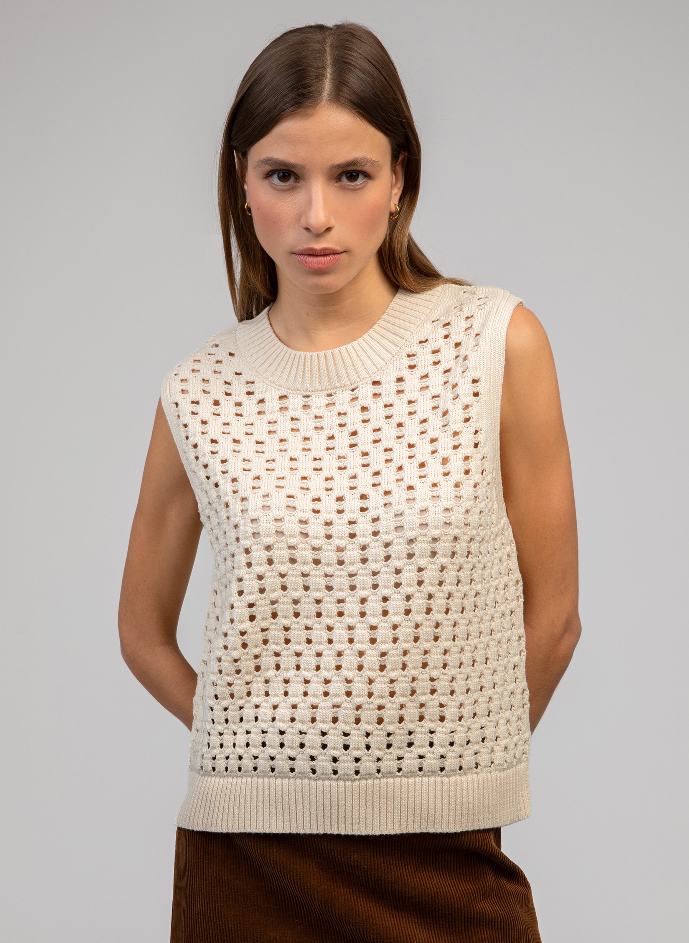 Round neck sleeveless openwork sweater AN'GE Beige