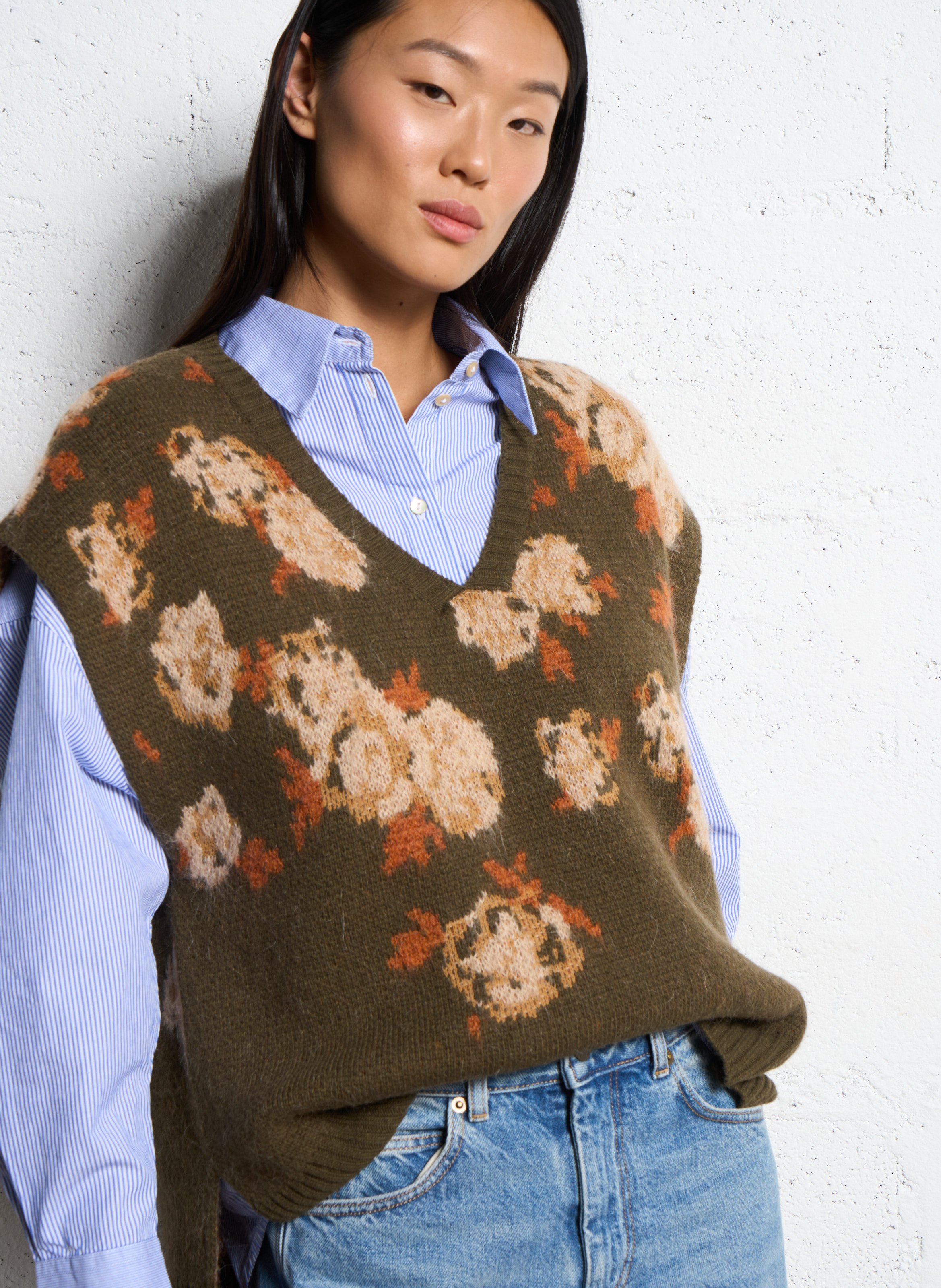 Pull col V sans manches en maille imprimée MOMONI Vert