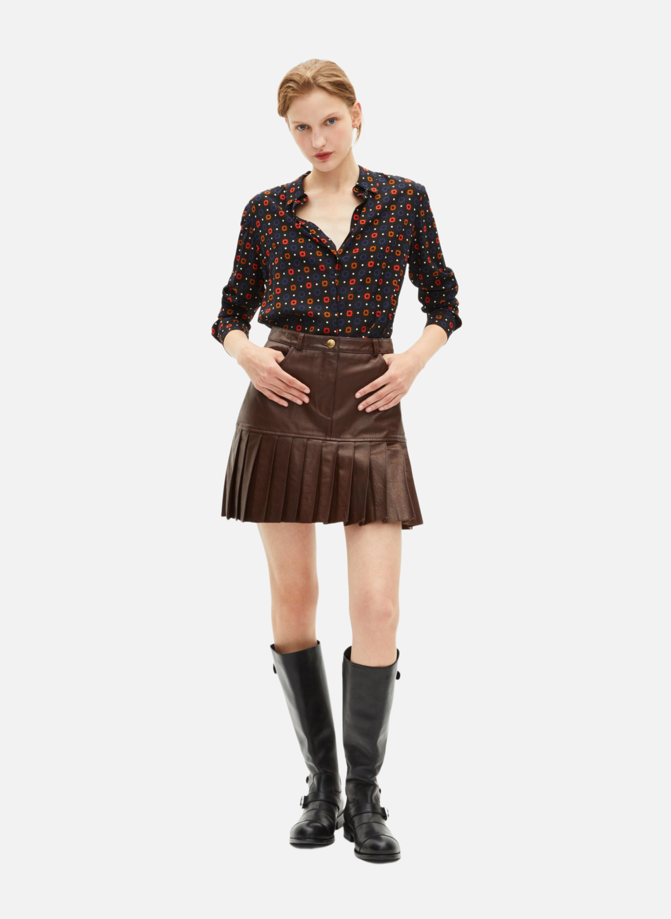 Short pleated leather skirt THE KOOPLES Brown