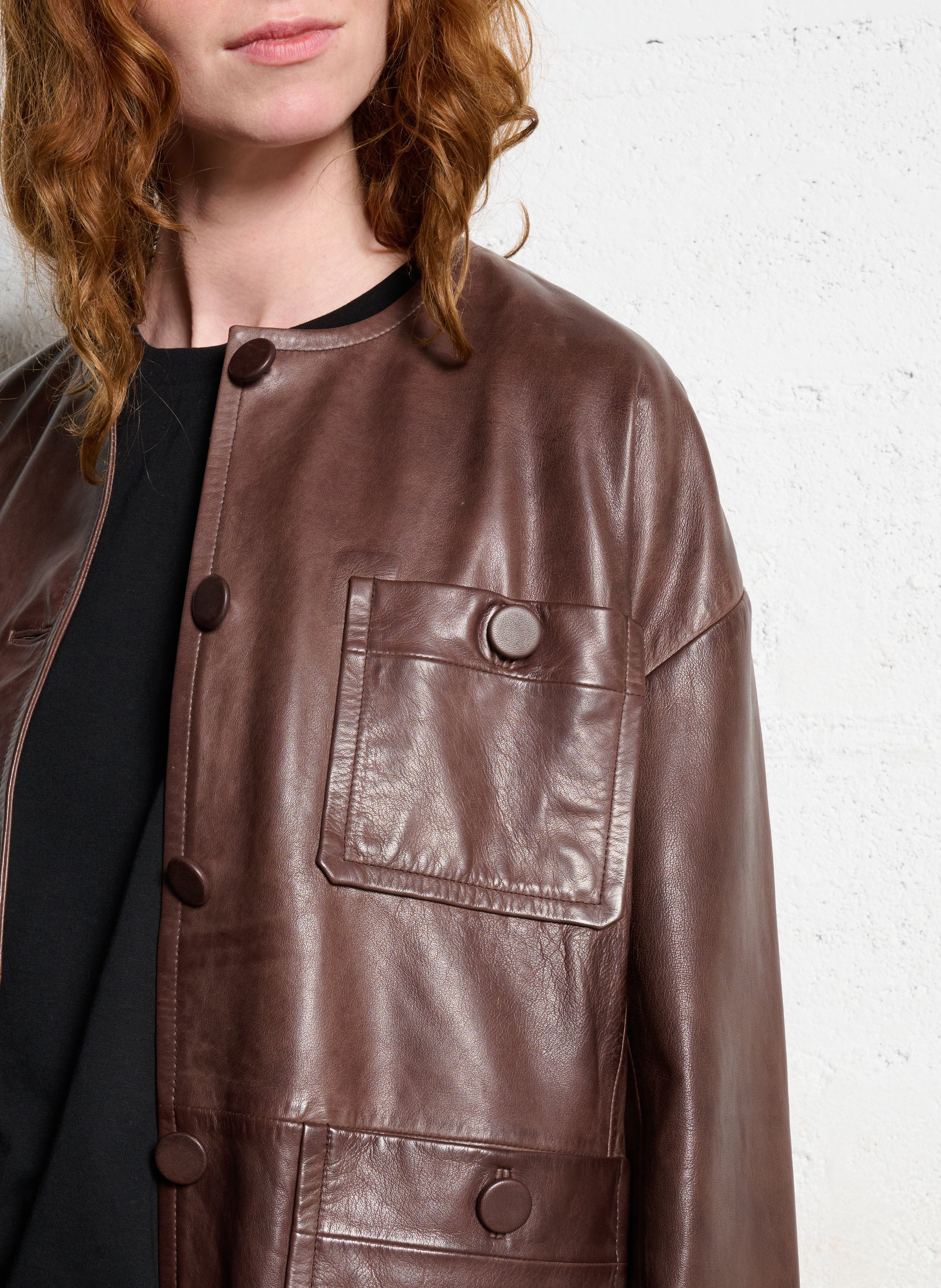 Oversized round neck leather jacket IKKS Brown