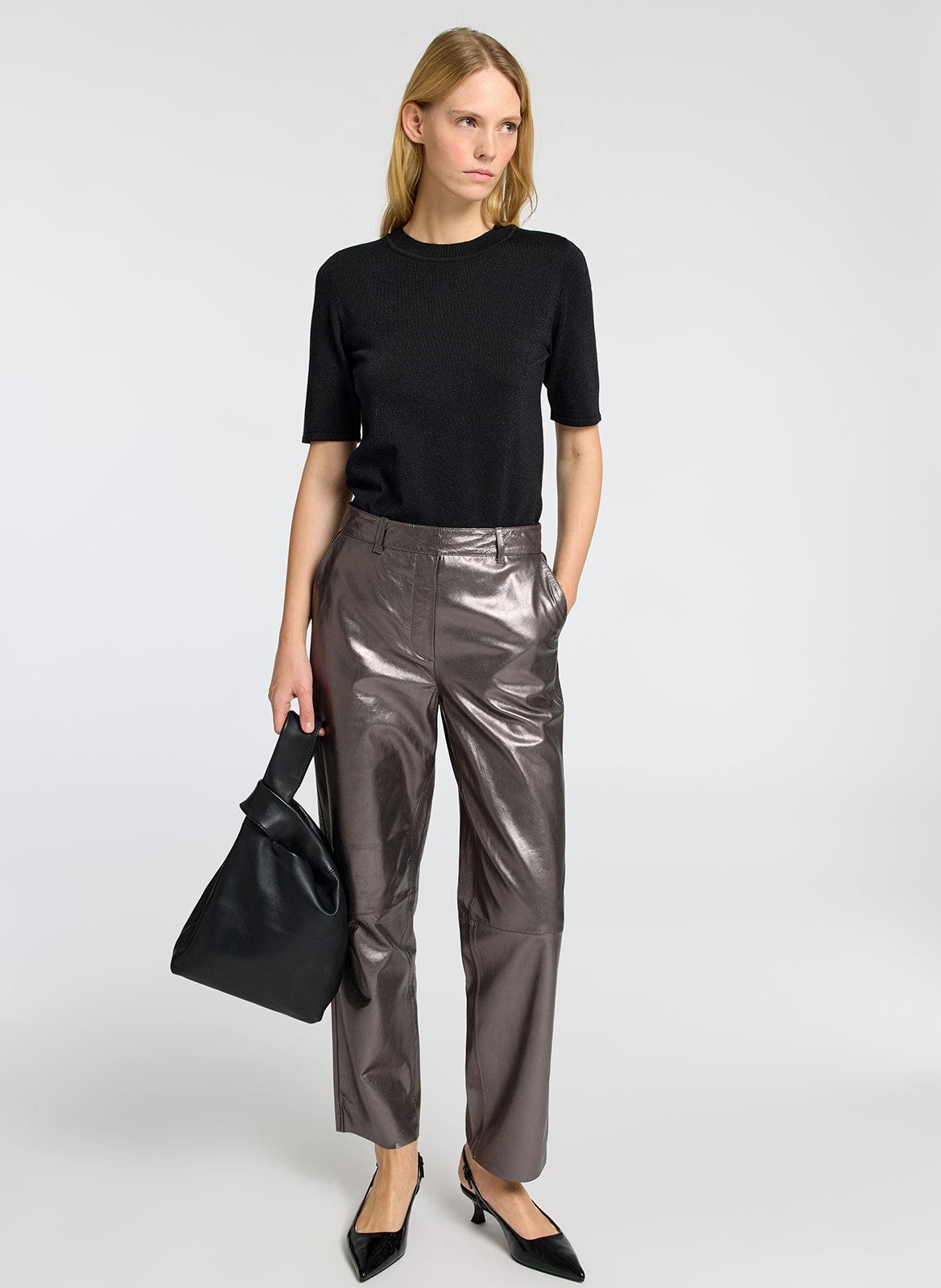 Pantalon droit en cuir métallisé SELECTED Gris