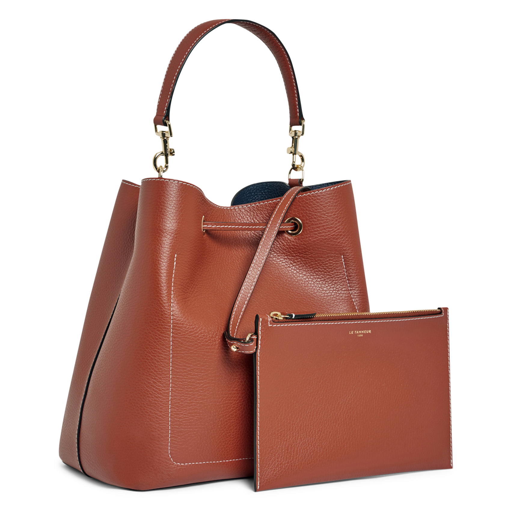 Große Eimer-Tasche aus genarbtem Leder Braun