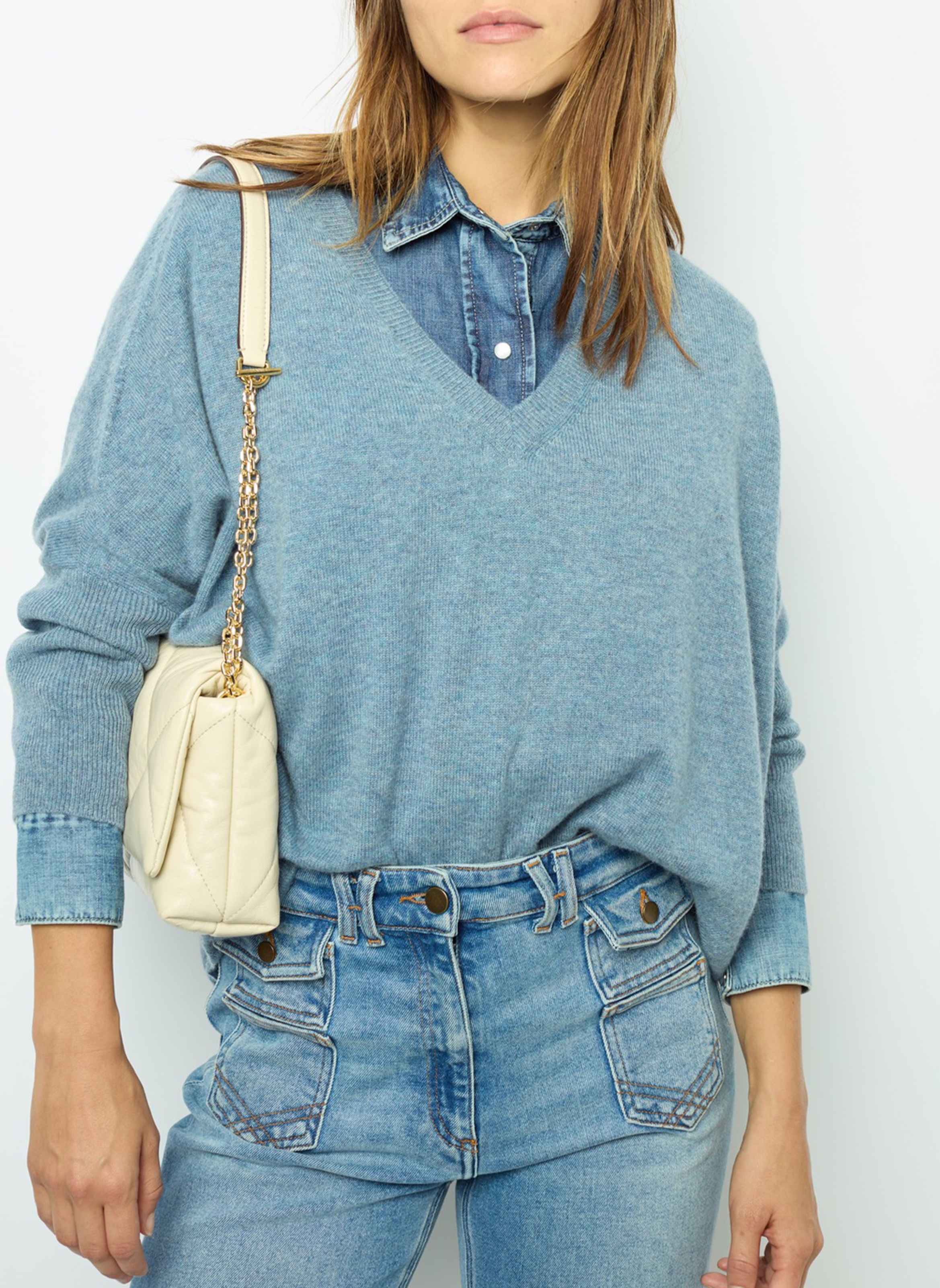 Pull droit col V en cachemire GERARD DAREL Bleu